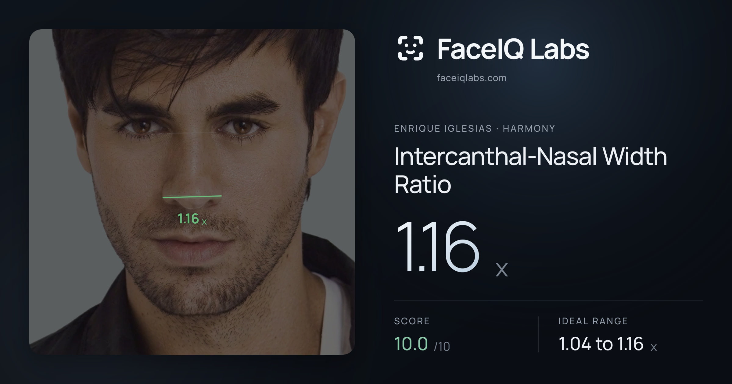 Enrique Iglesias Intercanthal-Nasal Width Ratio: 1.16x, drawn on the photo
