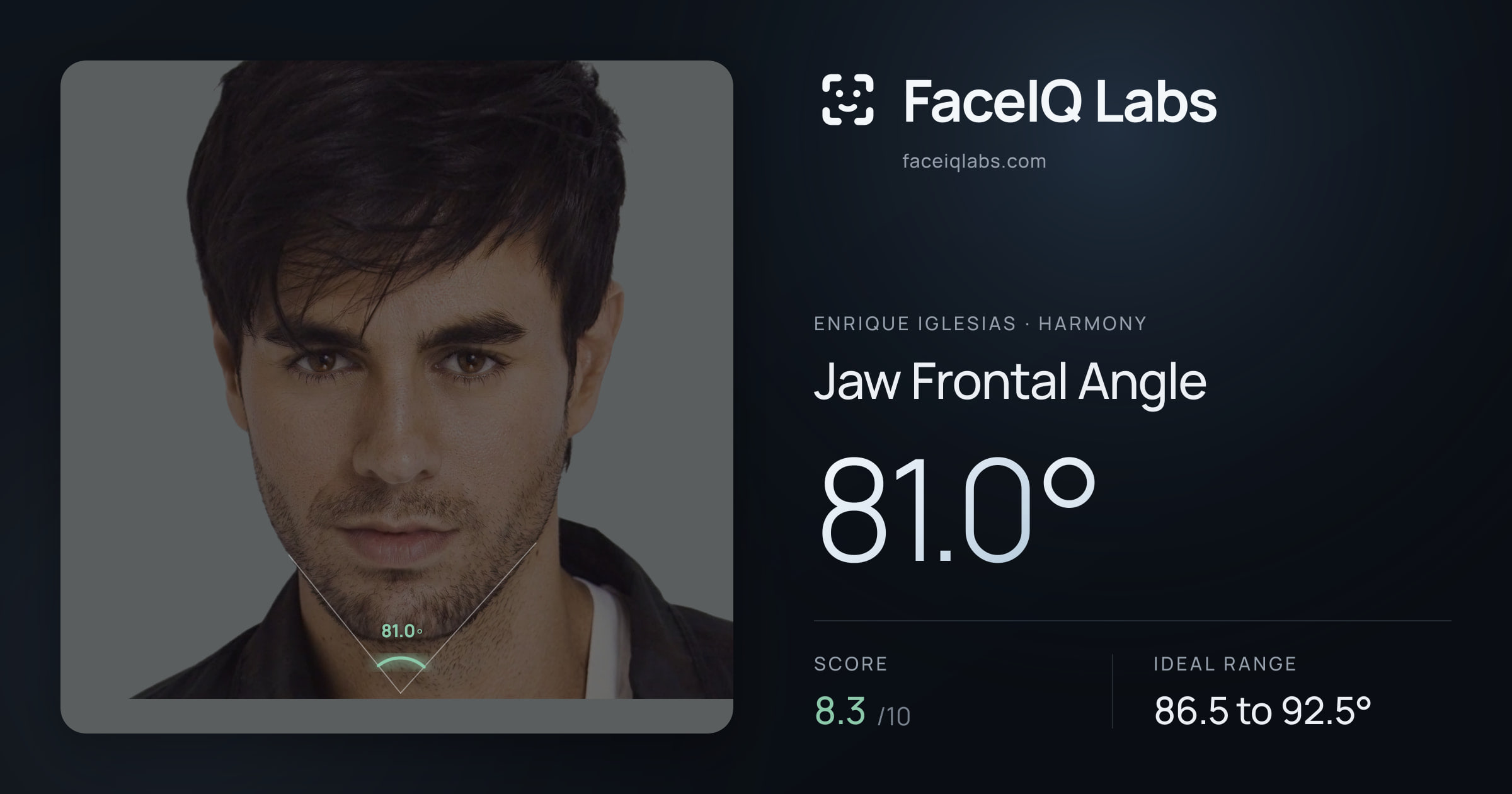 Enrique Iglesias Jaw Frontal Angle: 81.0°, drawn on the photo