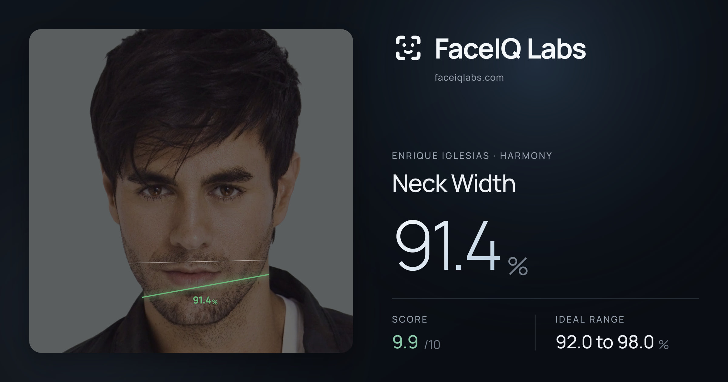 Enrique Iglesias Neck Width: 91.4%, drawn on the photo