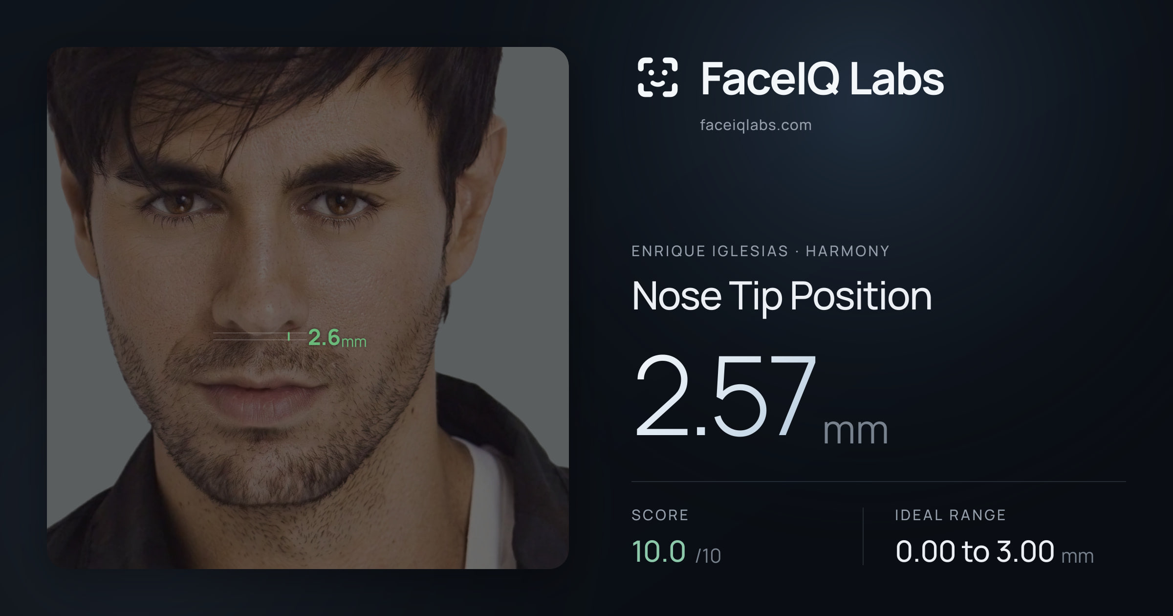 Enrique Iglesias Nose Tip Position: 2.57mm, drawn on the photo