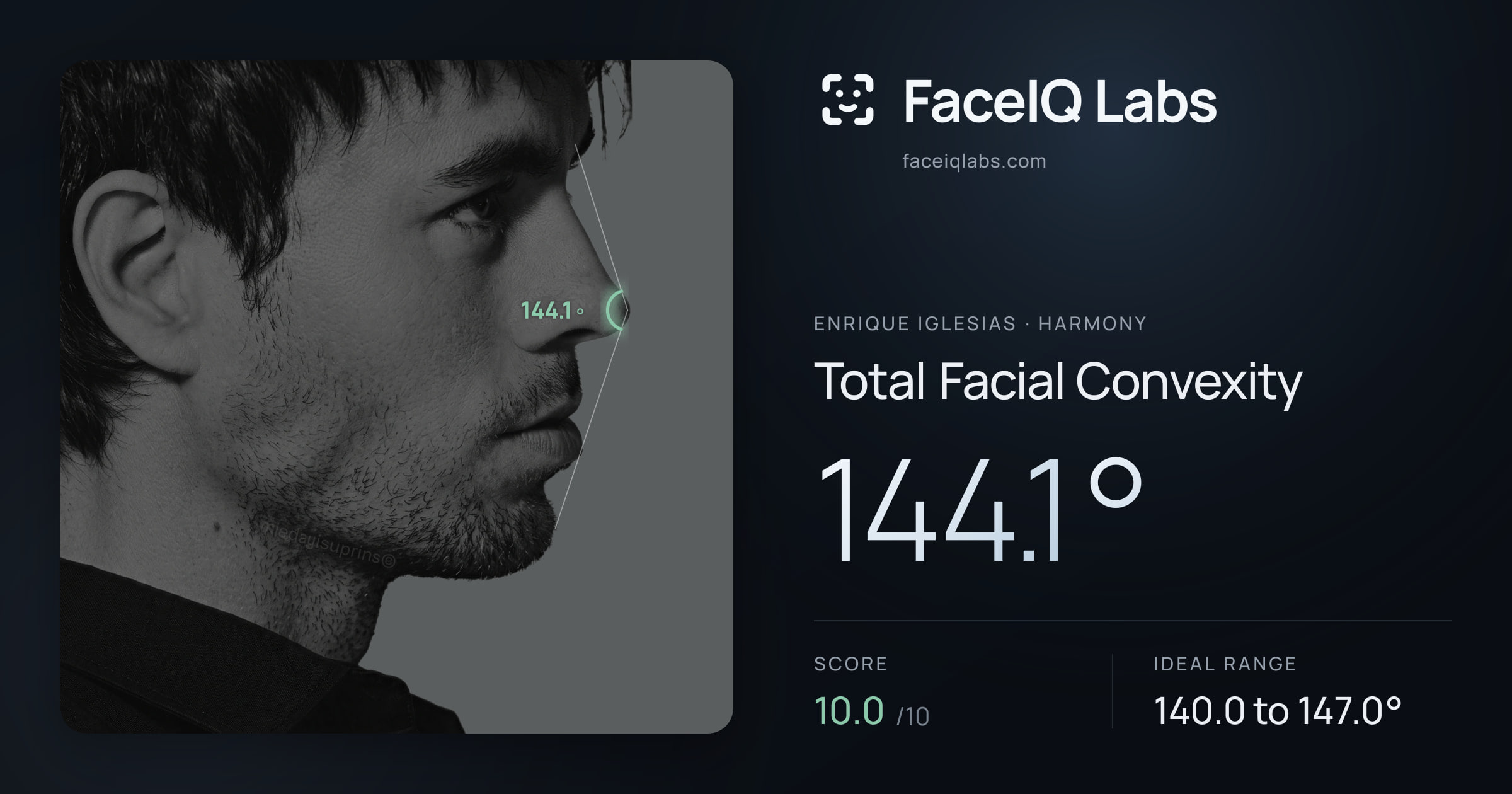 Enrique Iglesias Total Facial Convexity: 144.1°, drawn on the photo