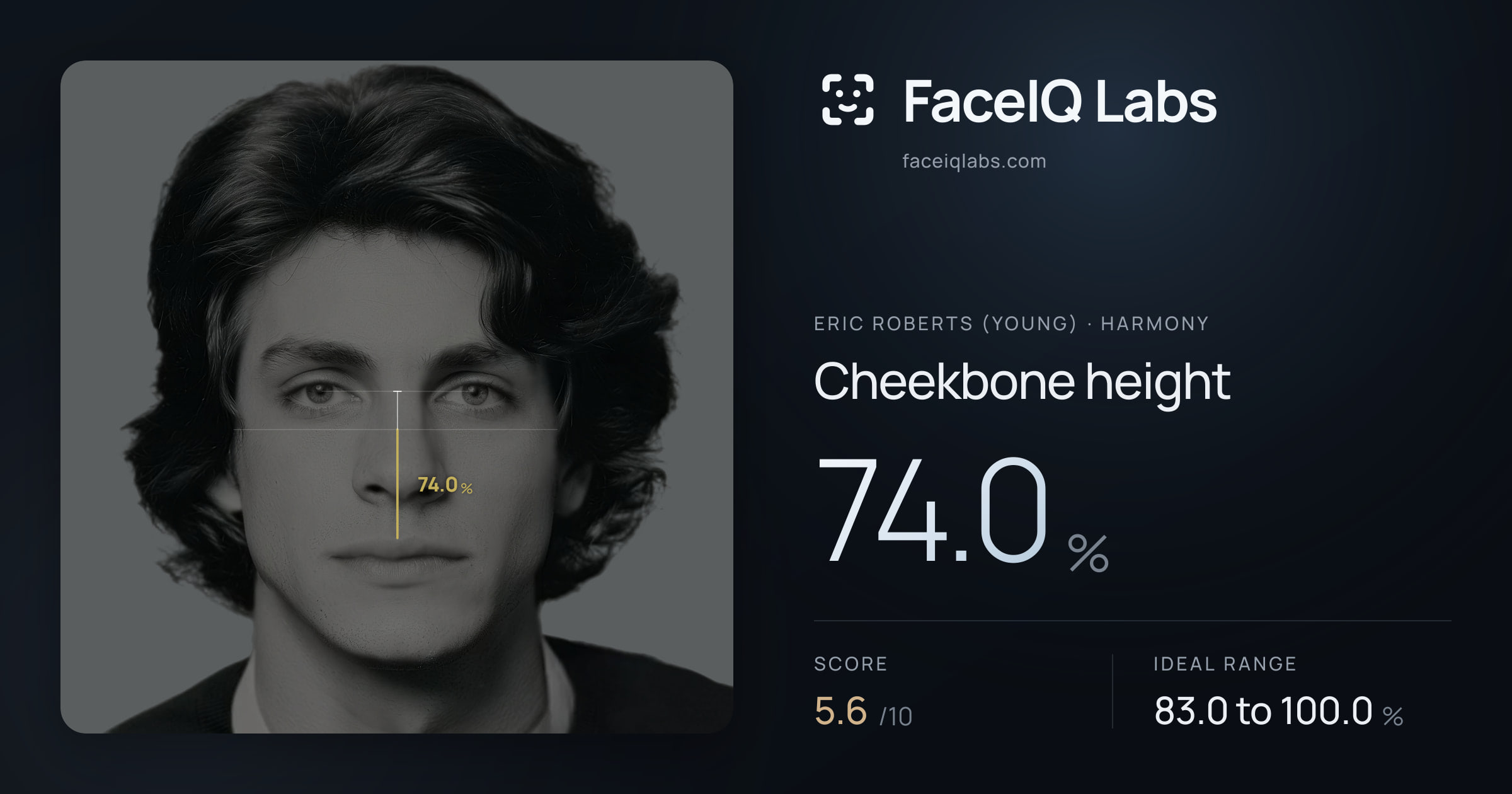 Eric Roberts (Young) Cheekbone height: 74.0%, drawn on the photo