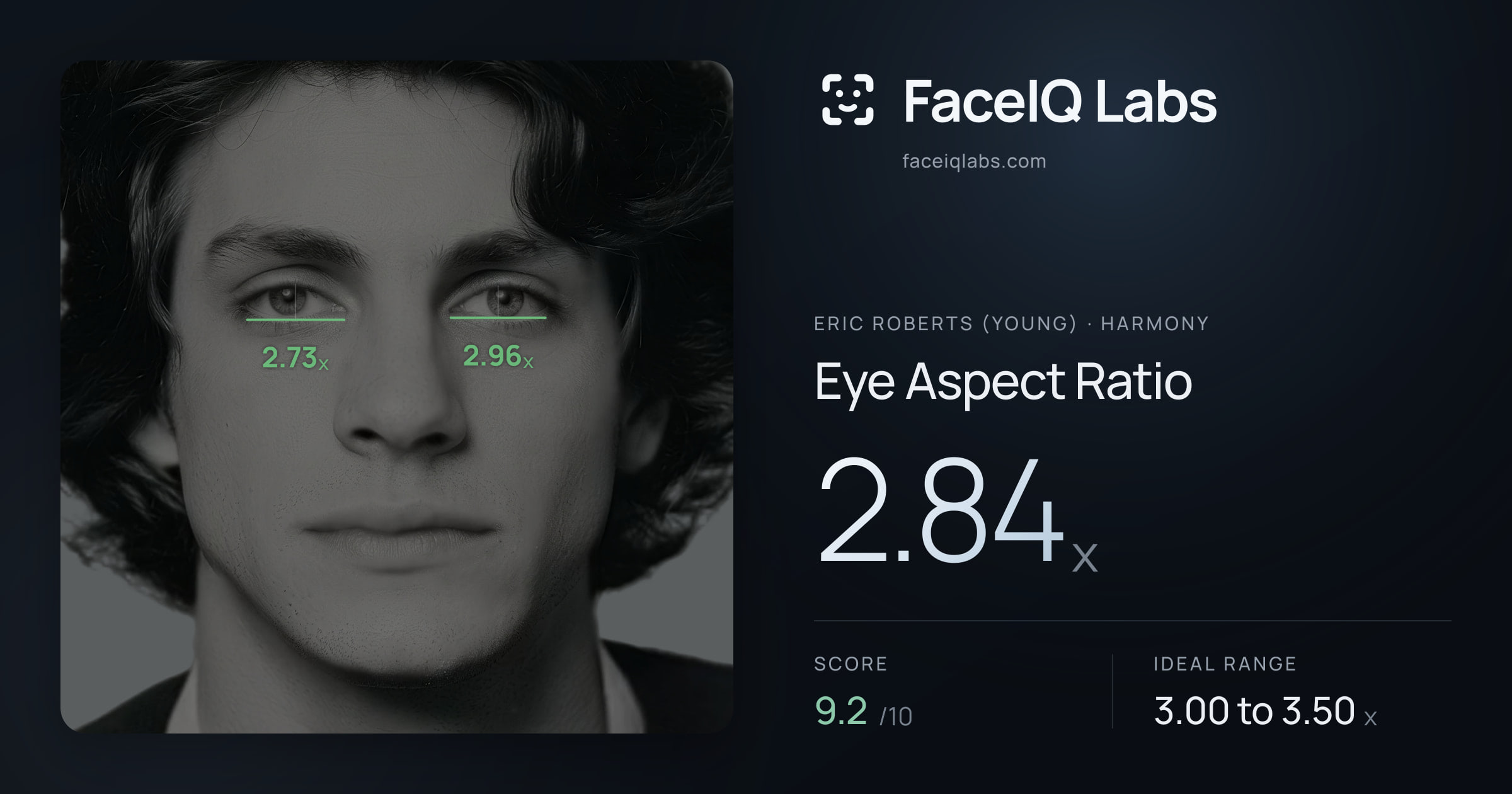 Eric Roberts (Young) Eye Aspect Ratio: 2.84x, drawn on the photo