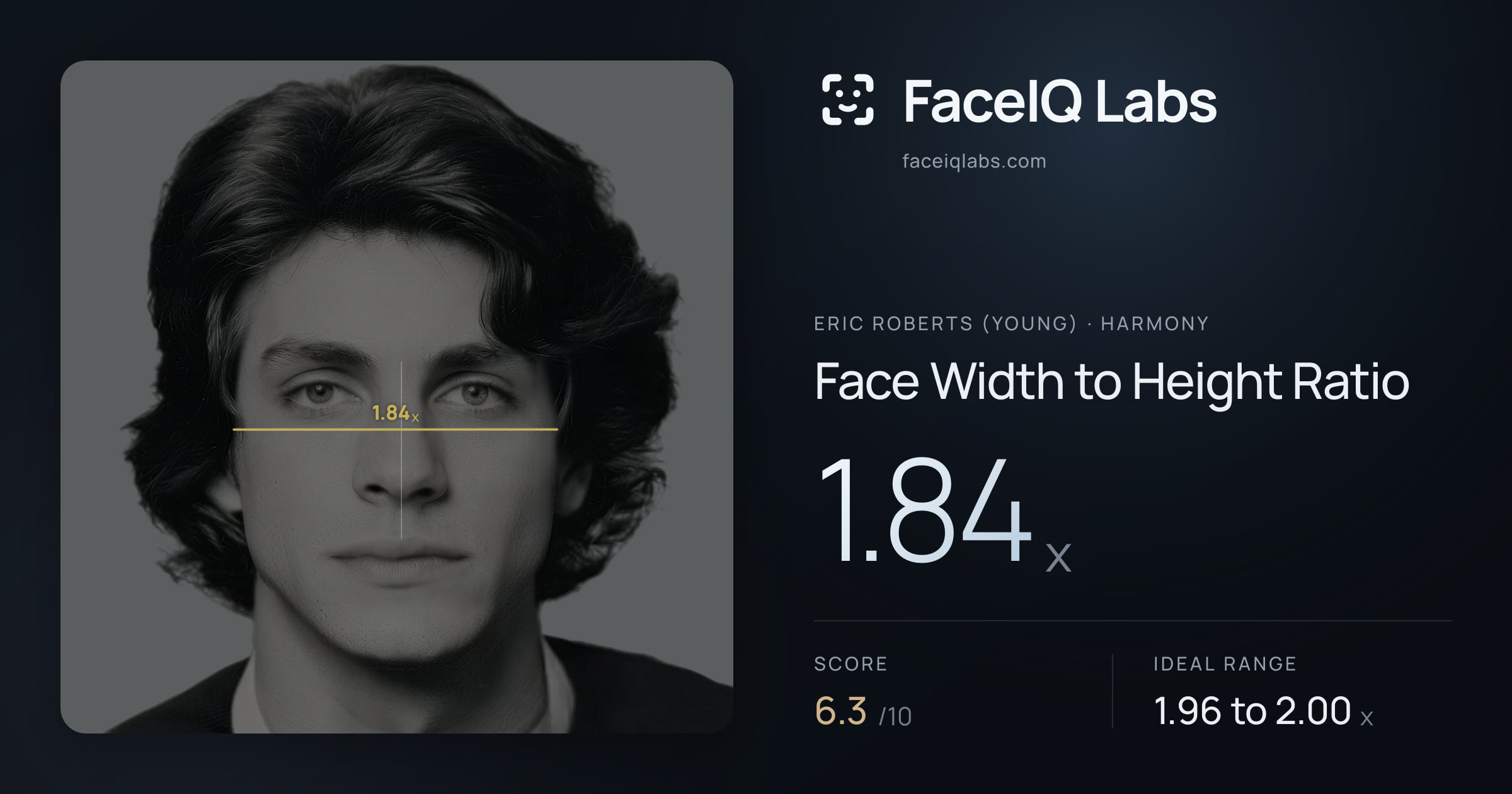 Eric Roberts (Young) Face Width to Height Ratio: 1.84x, drawn on the photo