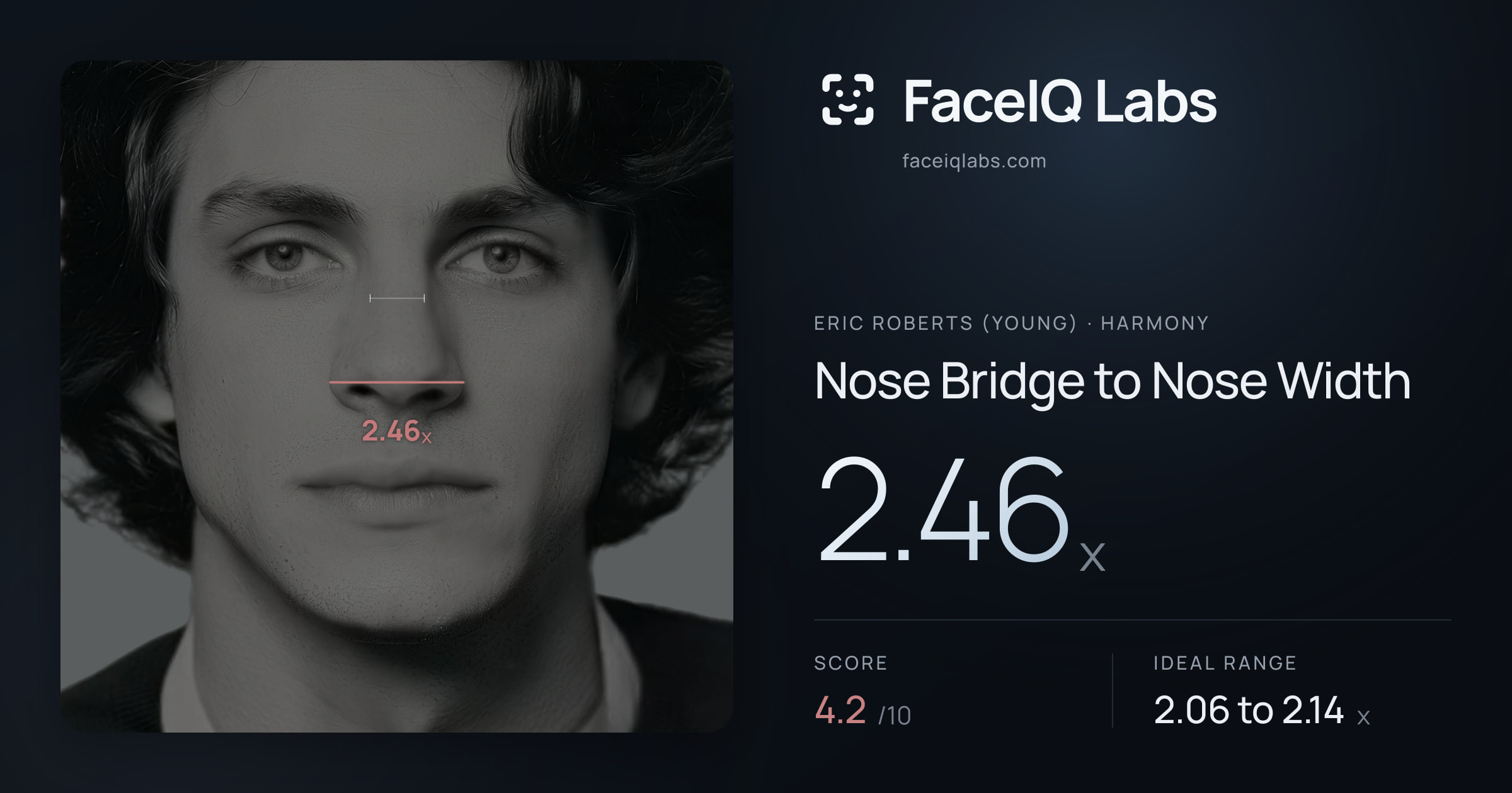 Eric Roberts (Young) Nose Bridge to Nose Width: 2.46x, drawn on the photo