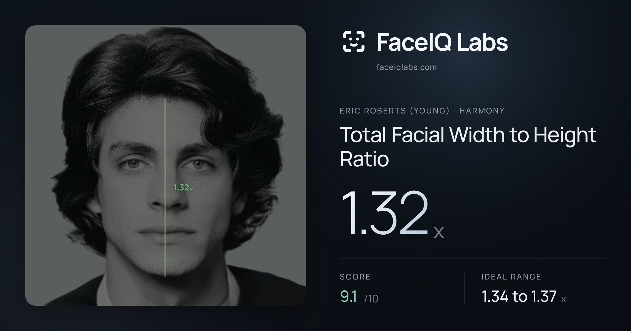 Eric Roberts (Young) Total Facial Width to Height Ratio: 1.32x, drawn on the photo