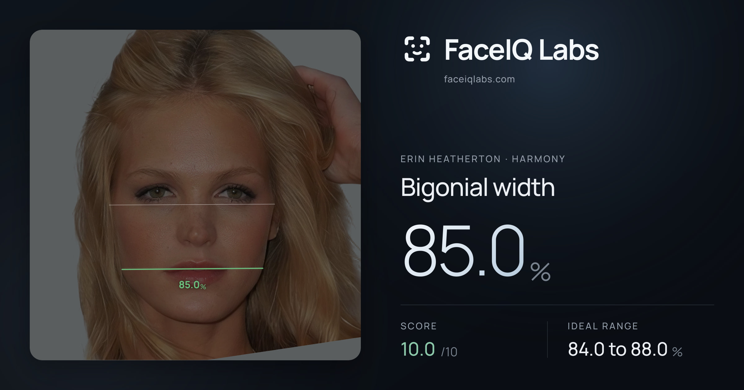 Erin Heatherton Bigonial width: 85.0%, drawn on the photo