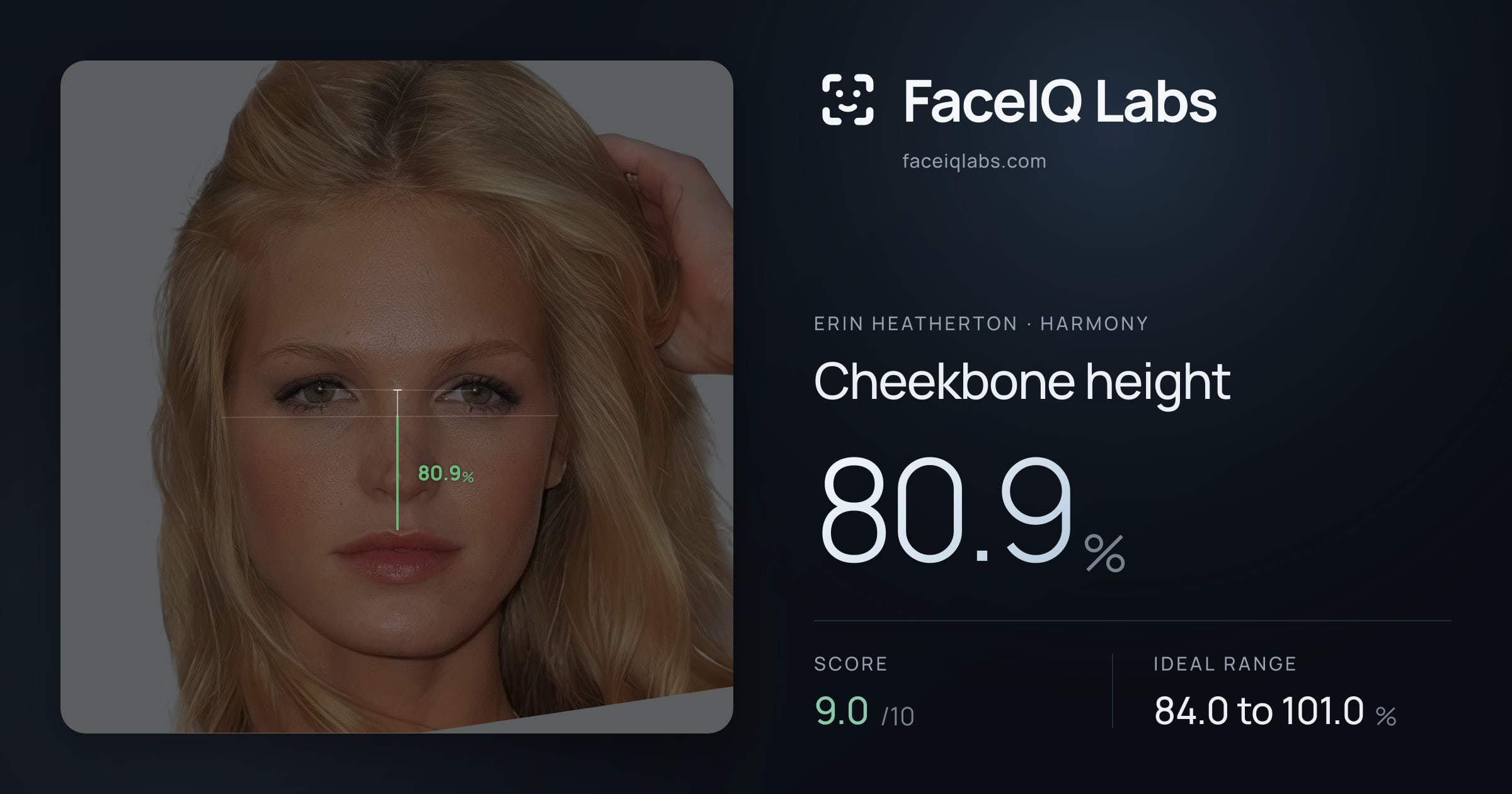 Erin Heatherton Cheekbone height: 80.9%, drawn on the photo