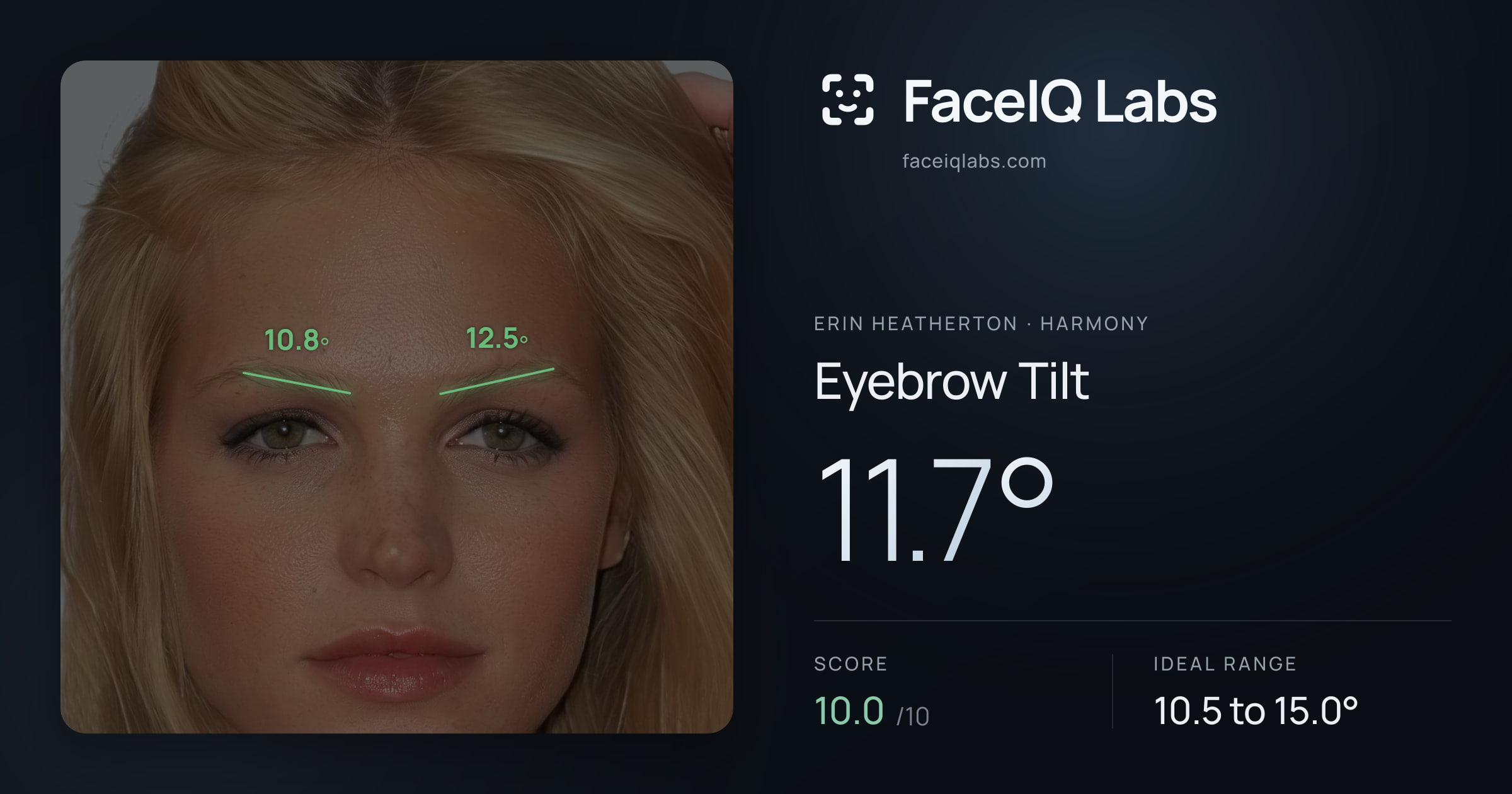 Erin Heatherton Eyebrow Tilt: 11.7°, drawn on the photo