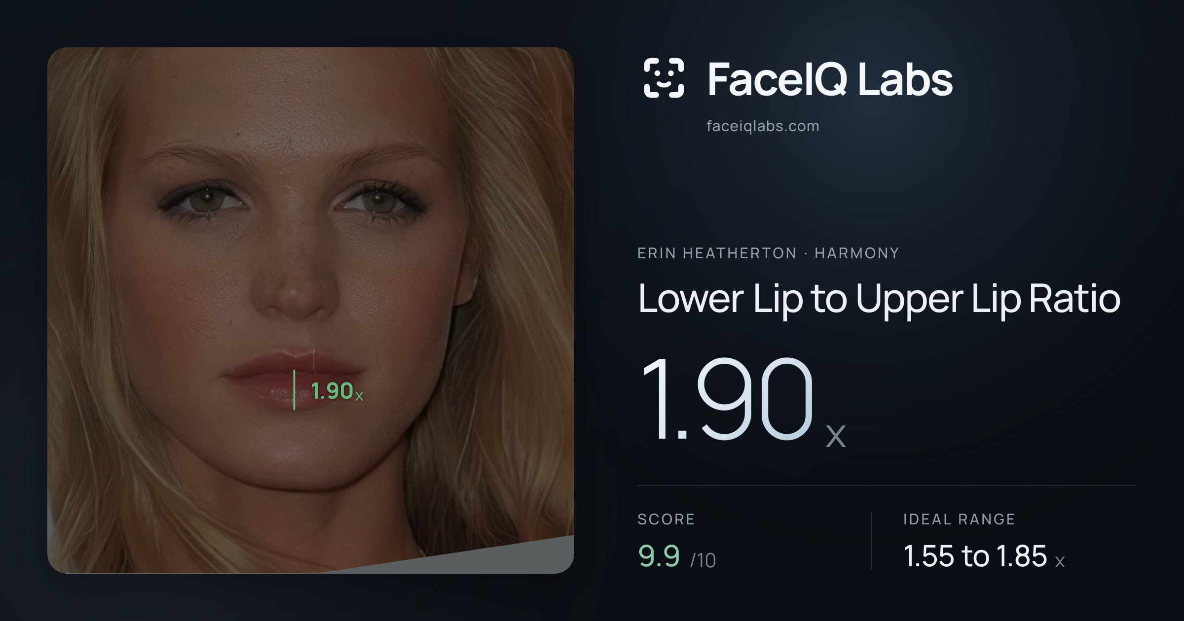 Erin Heatherton Lower Lip to Upper Lip Ratio: 1.90x, drawn on the photo