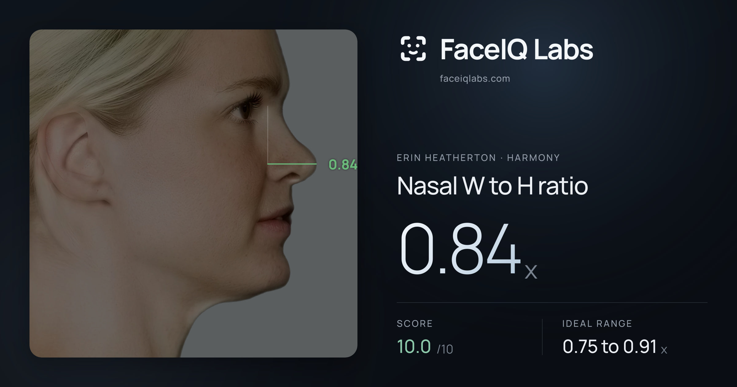 Erin Heatherton Nasal W to H ratio: 0.84x, drawn on the photo
