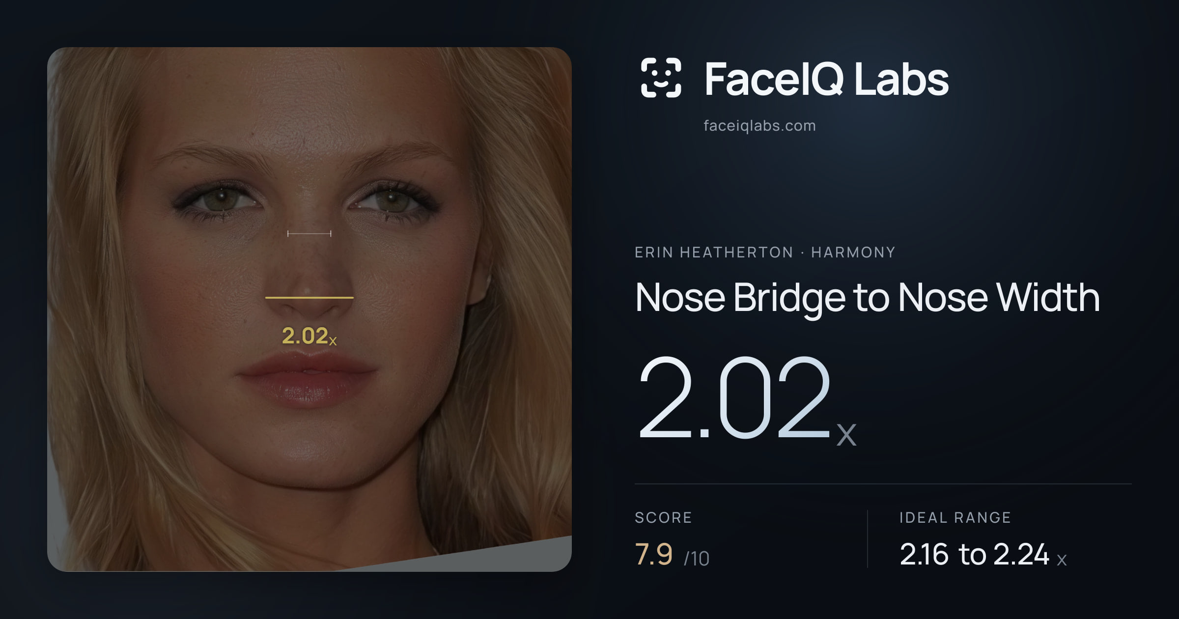 Erin Heatherton Nose Bridge to Nose Width: 2.02x, drawn on the photo
