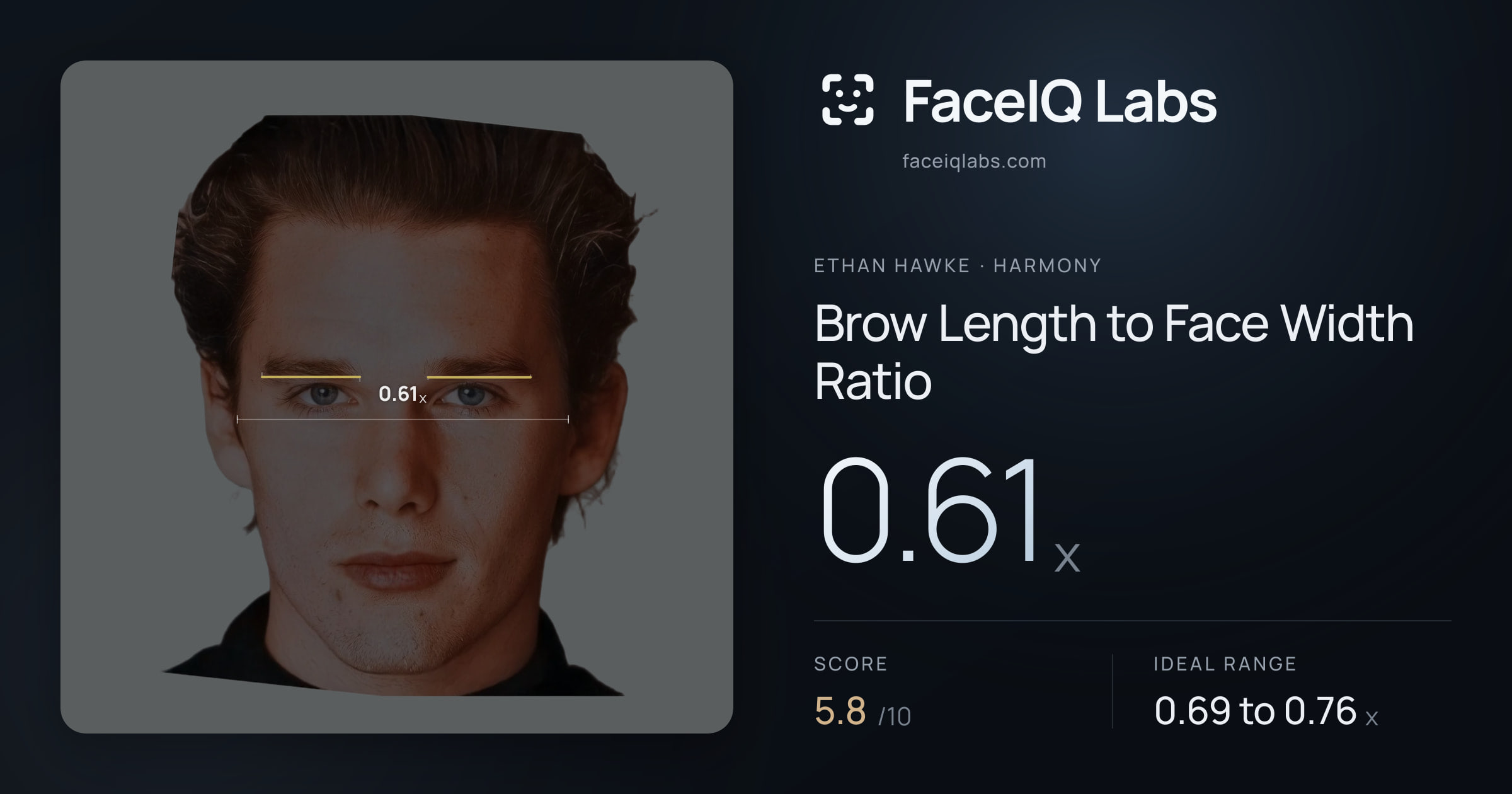 Ethan Hawke Brow Length to Face Width Ratio: 0.61x, drawn on the photo