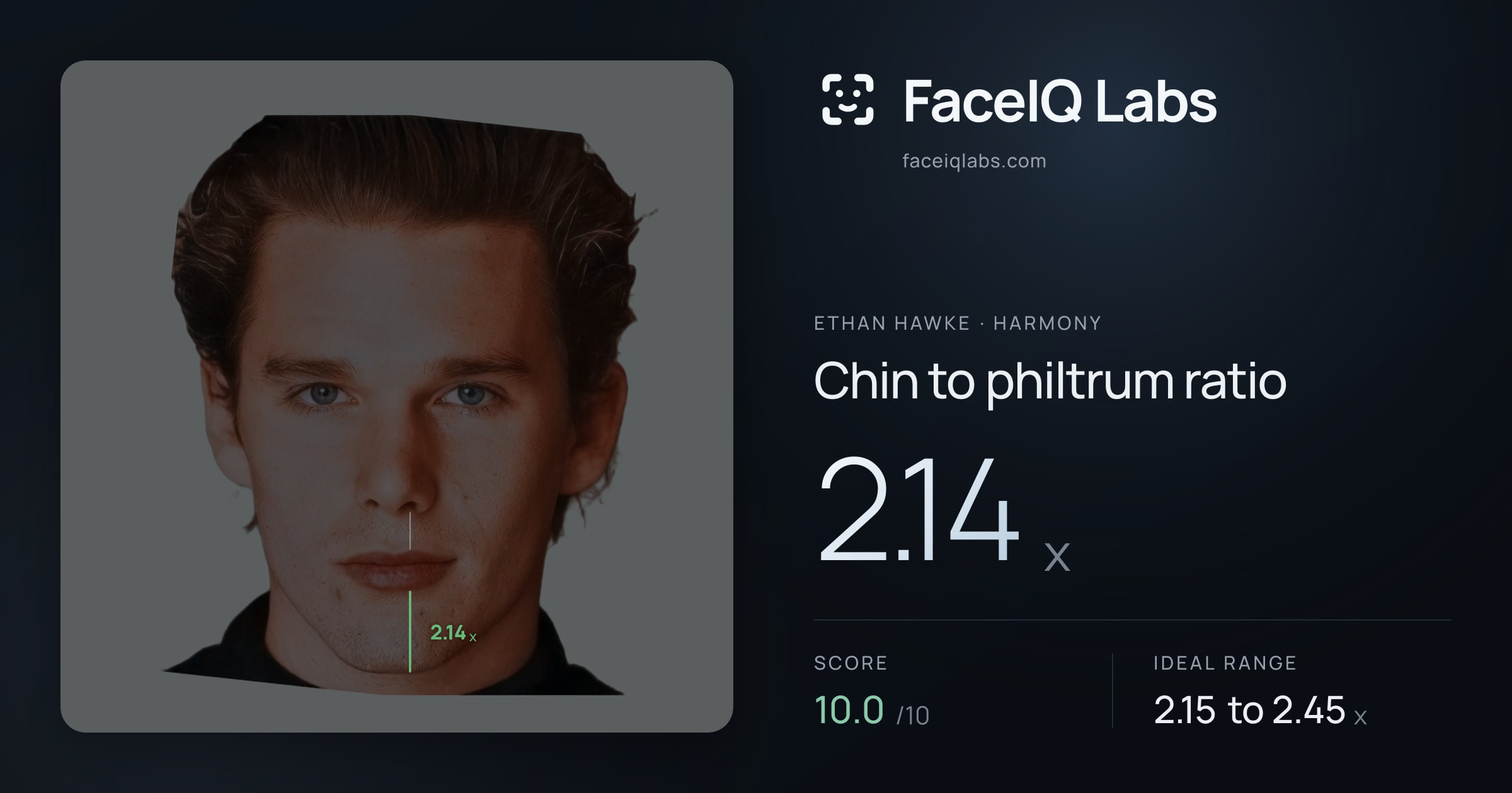 Ethan Hawke Chin to philtrum ratio: 2.14x, drawn on the photo