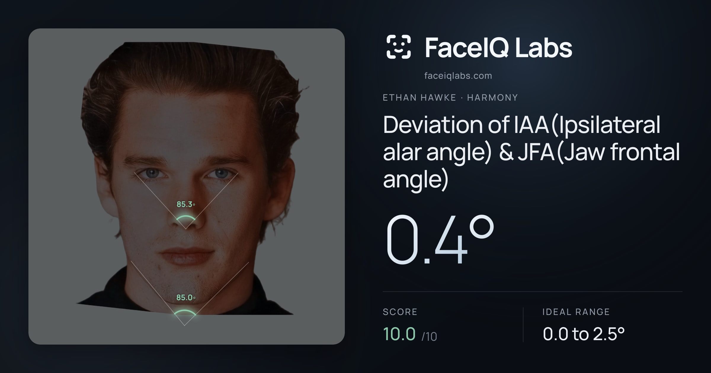 Ethan Hawke Deviation of IAA(Ipsilateral alar angle) & JFA(Jaw frontal angle): 0.4°, drawn on the photo