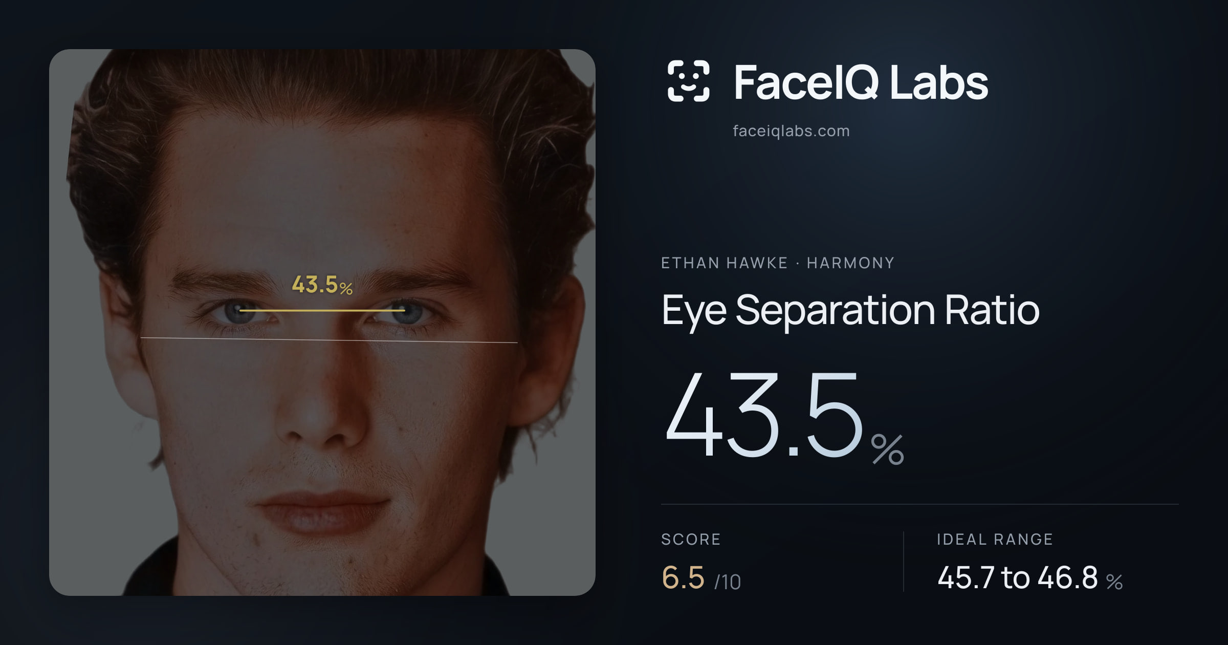 Ethan Hawke Eye Separation Ratio: 43.5%, drawn on the photo