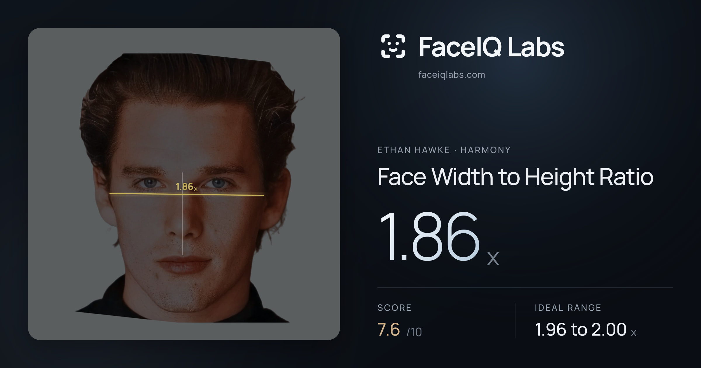 Ethan Hawke Face Width to Height Ratio: 1.86x, drawn on the photo