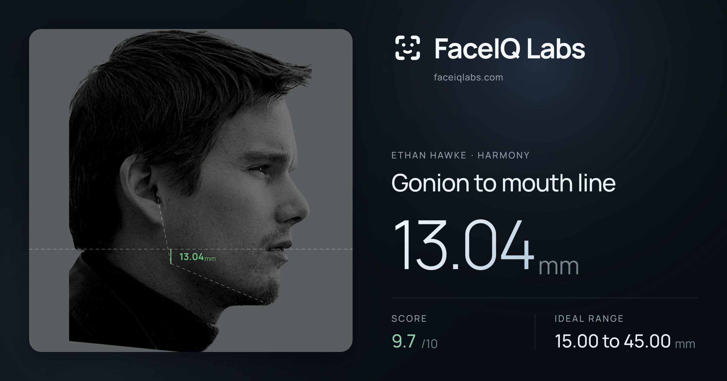 Ethan Hawke Gonion to mouth line: 13.04mm, drawn on the photo