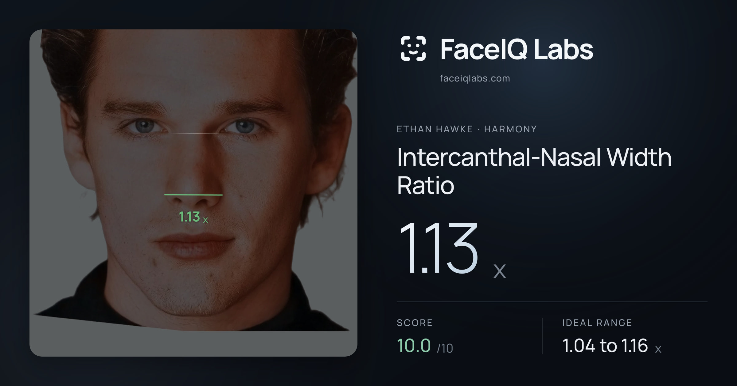 Ethan Hawke Intercanthal-Nasal Width Ratio: 1.13x, drawn on the photo