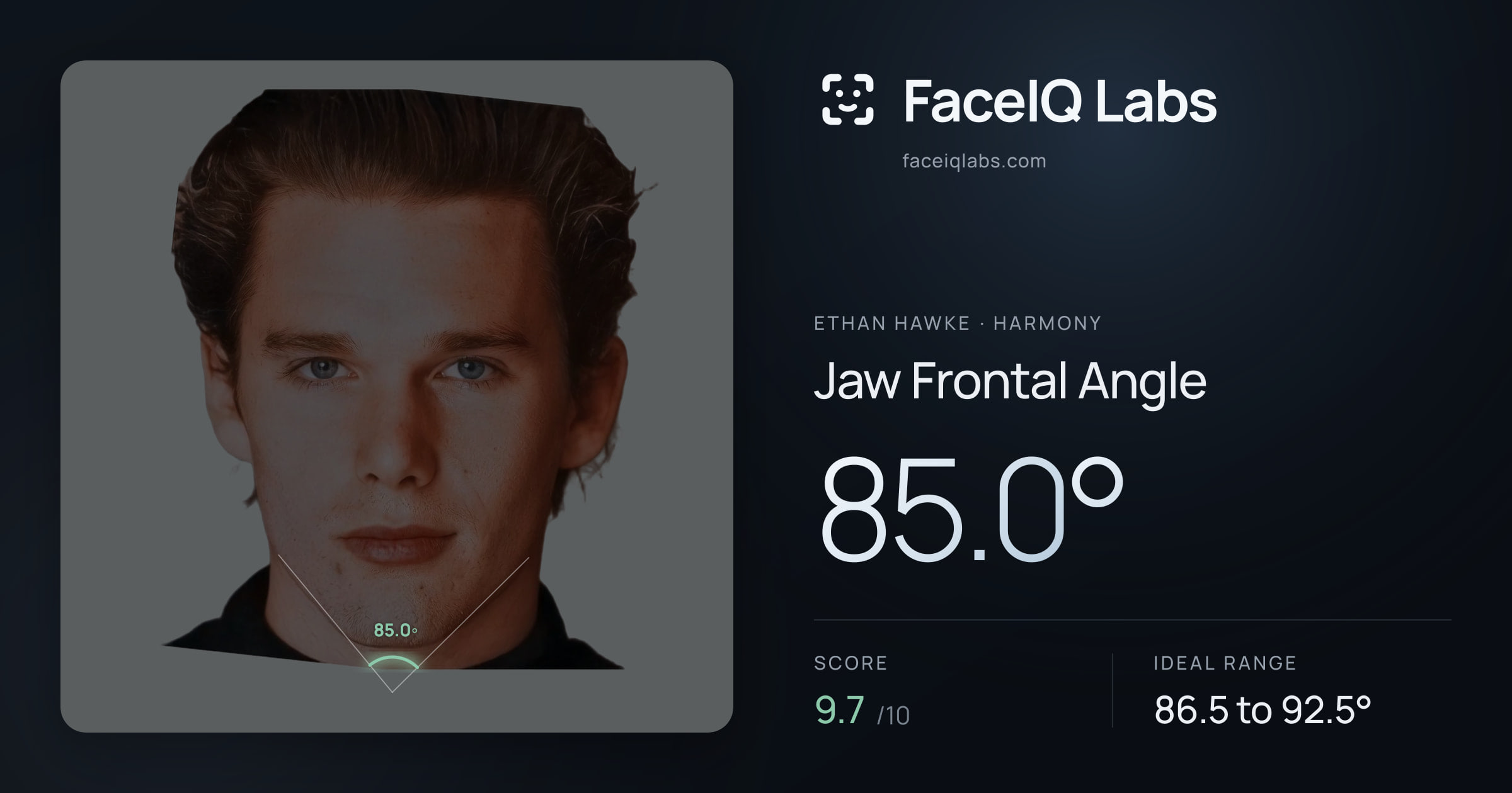 Ethan Hawke Jaw Frontal Angle: 85.0°, drawn on the photo
