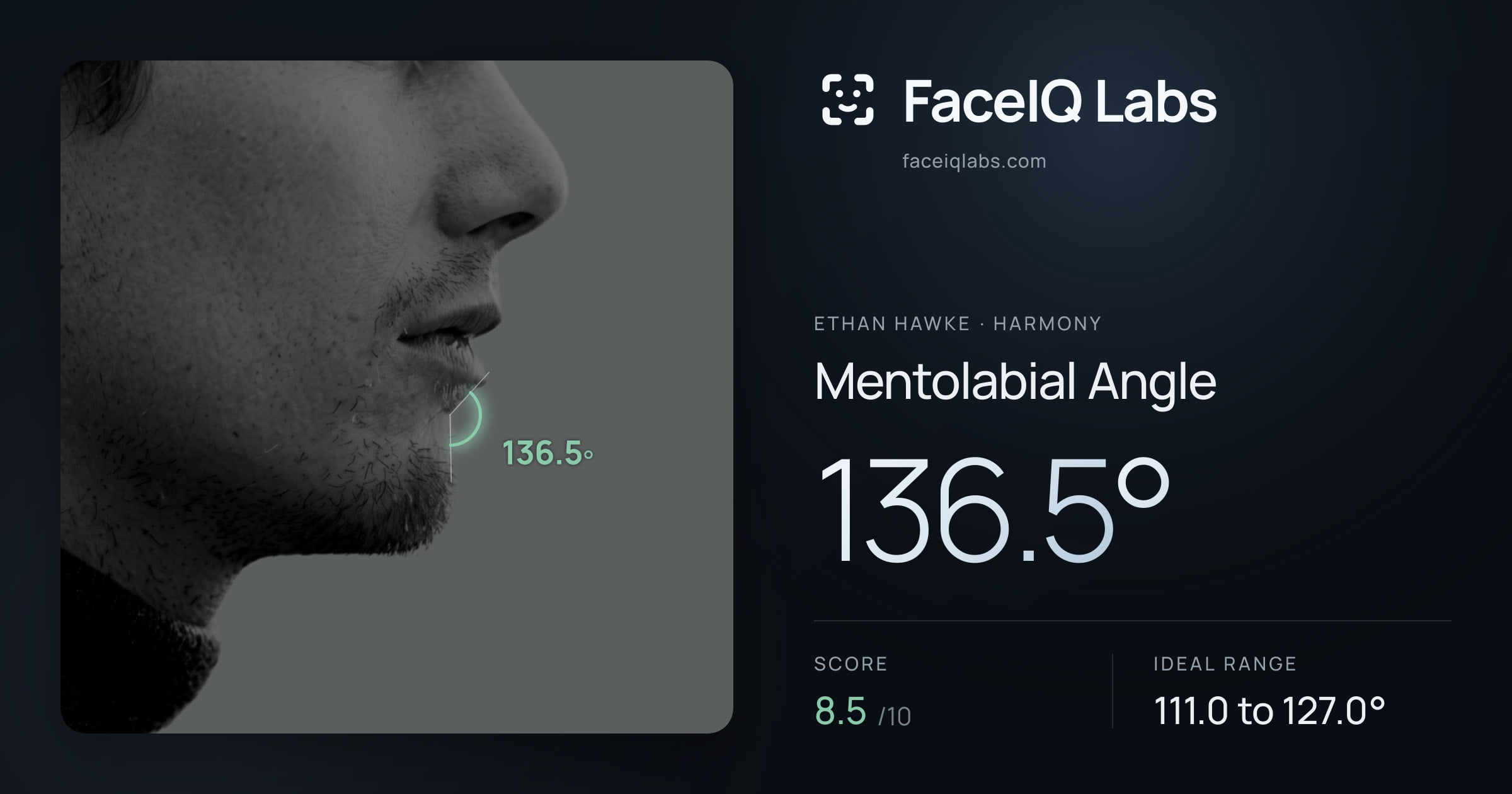 Ethan Hawke Mentolabial Angle: 136.5°, drawn on the photo