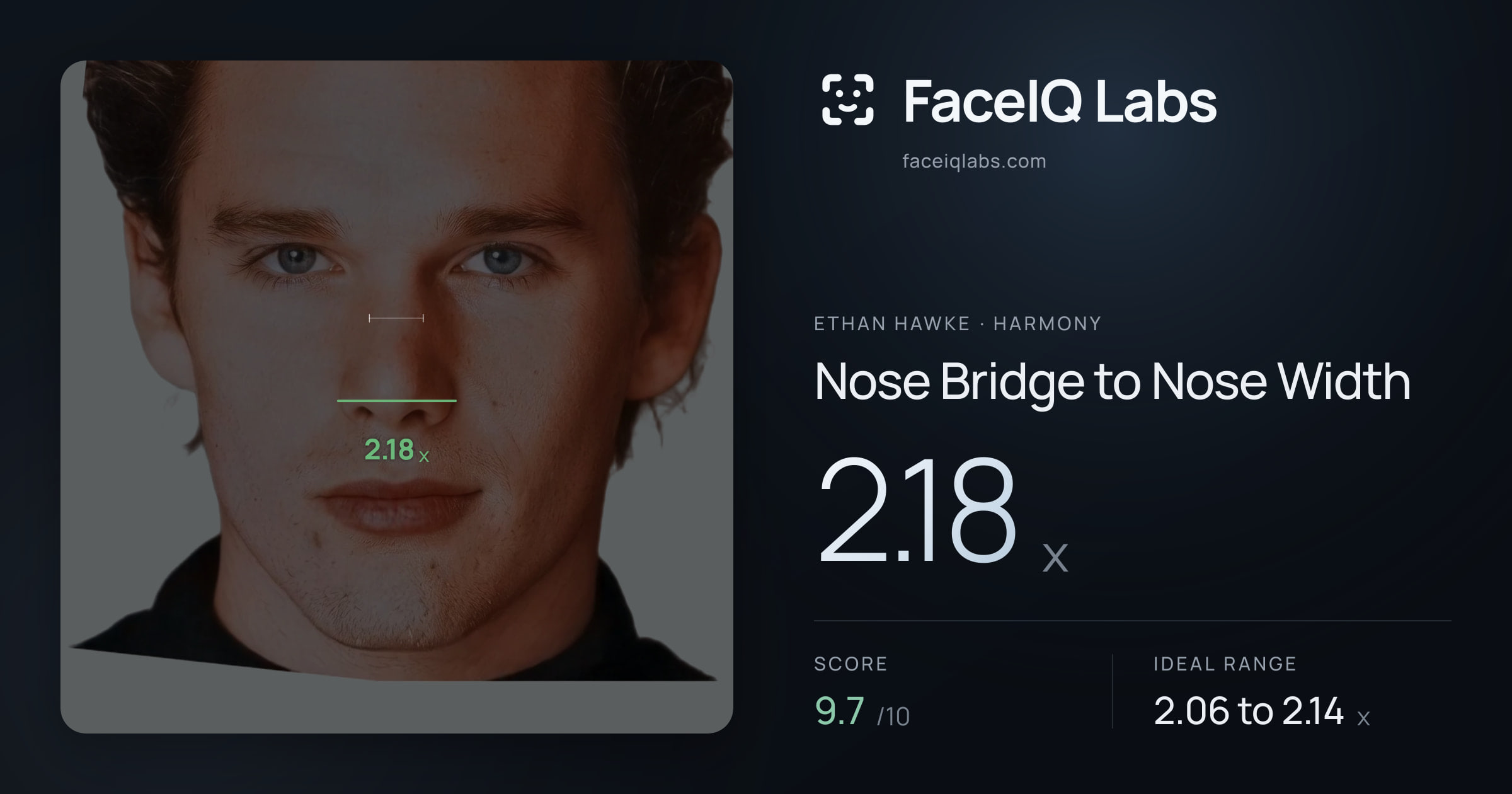 Ethan Hawke Nose Bridge to Nose Width: 2.18x, drawn on the photo