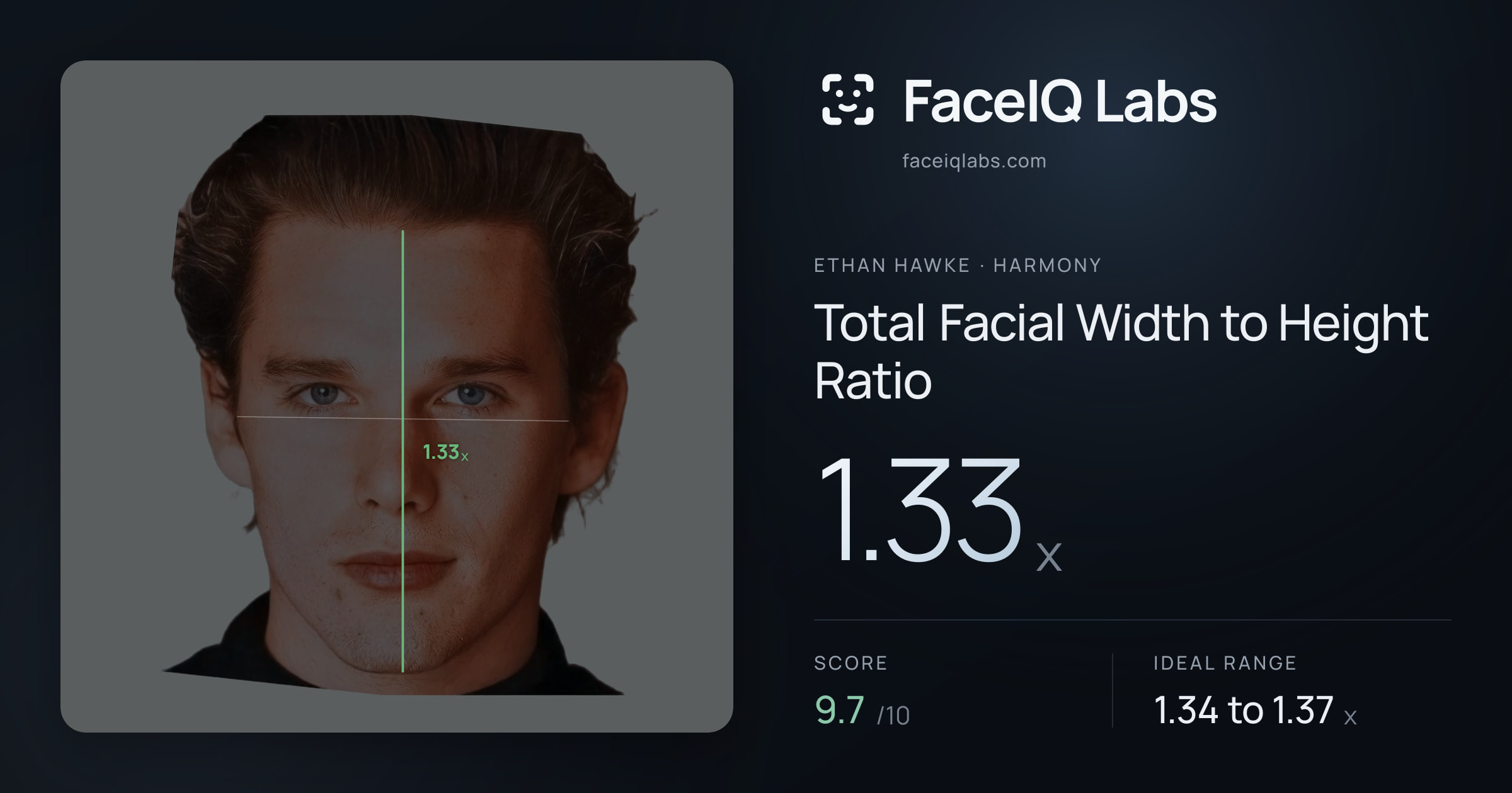 Ethan Hawke Total Facial Width to Height Ratio: 1.33x, drawn on the photo