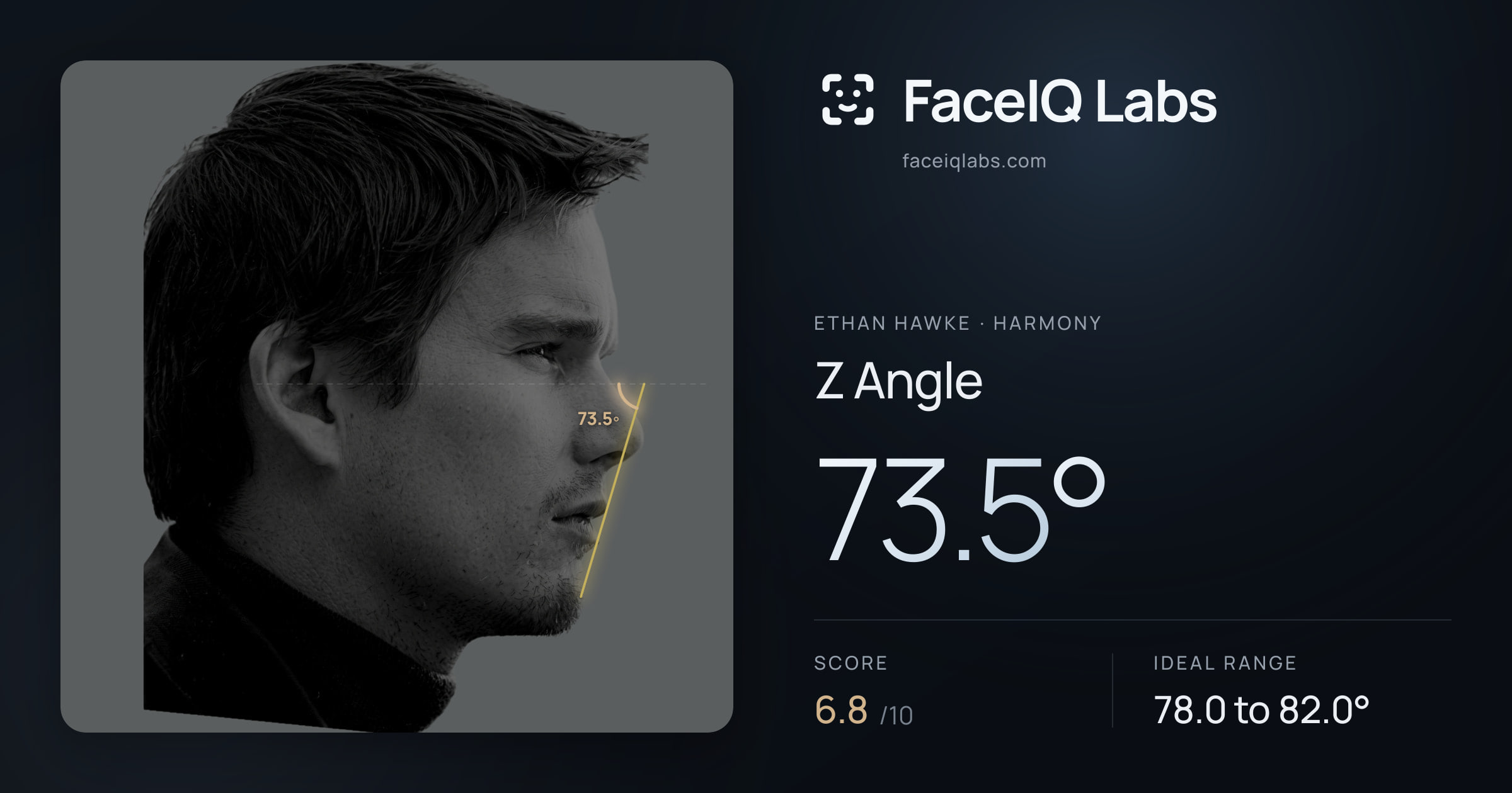 Ethan Hawke Z Angle: 73.5°, drawn on the photo