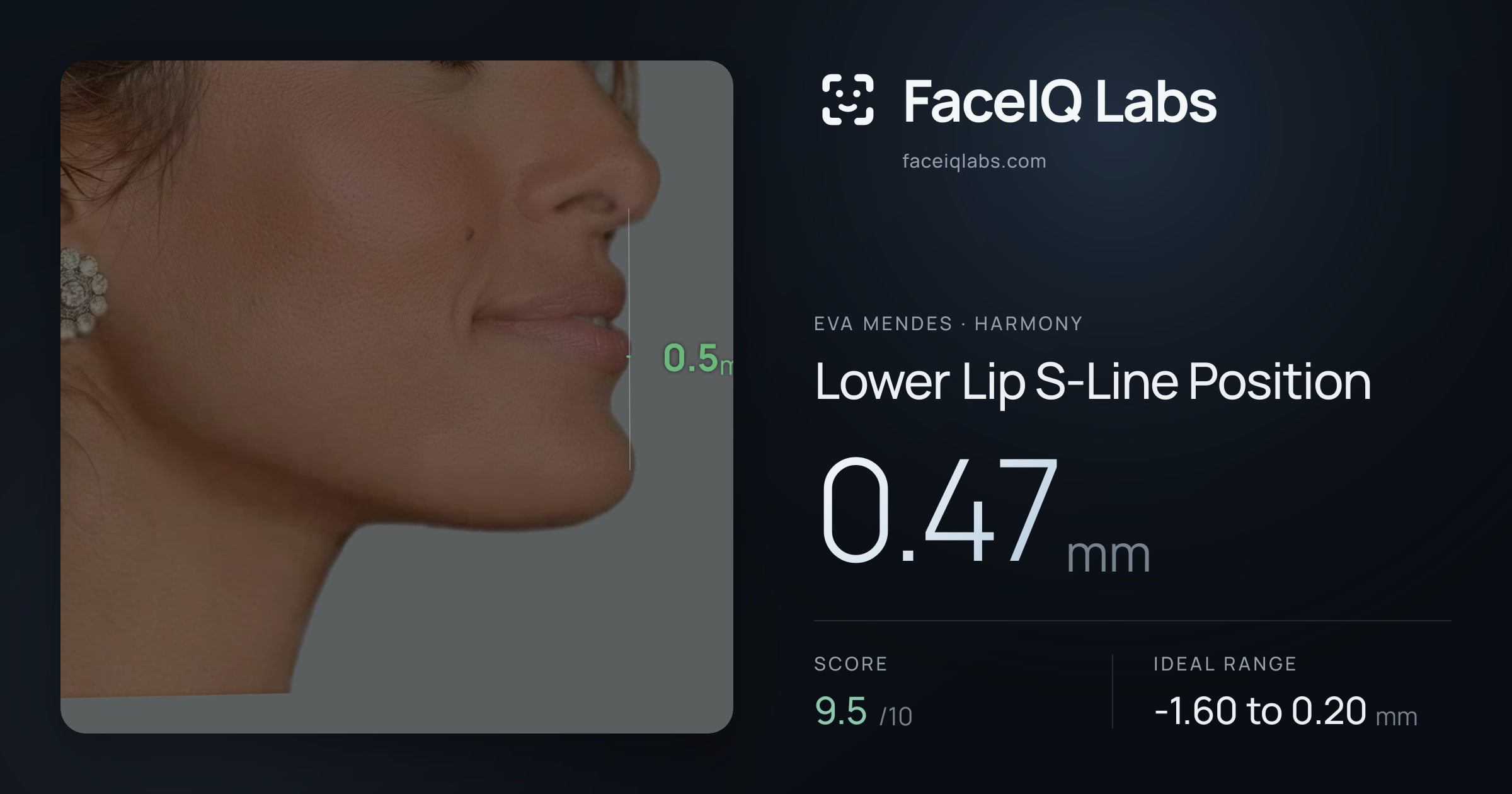 Eva Mendes Lower Lip S-Line Position: 0.47mm, drawn on the photo