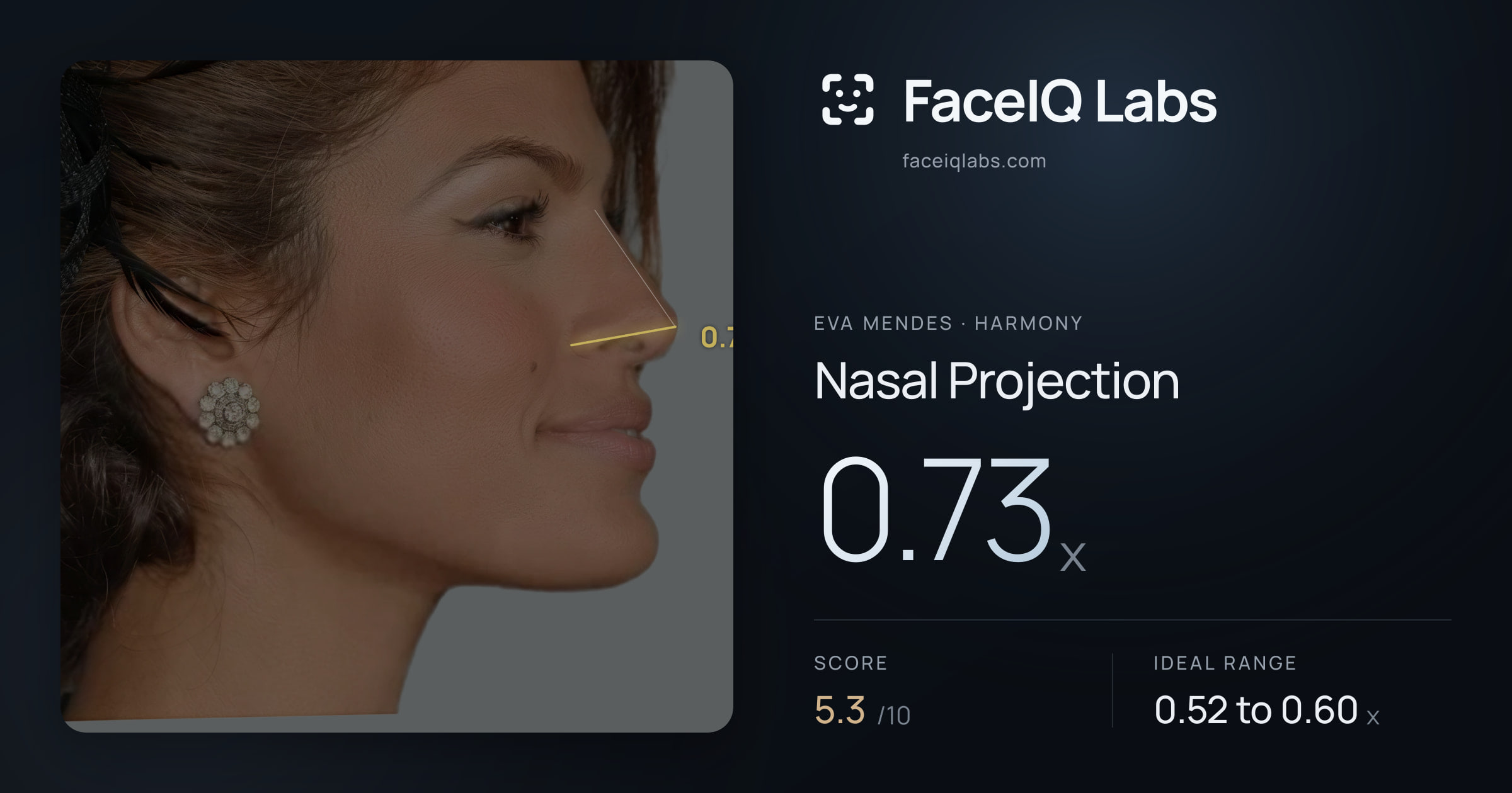 Eva Mendes Nasal Projection: 0.73x, drawn on the photo
