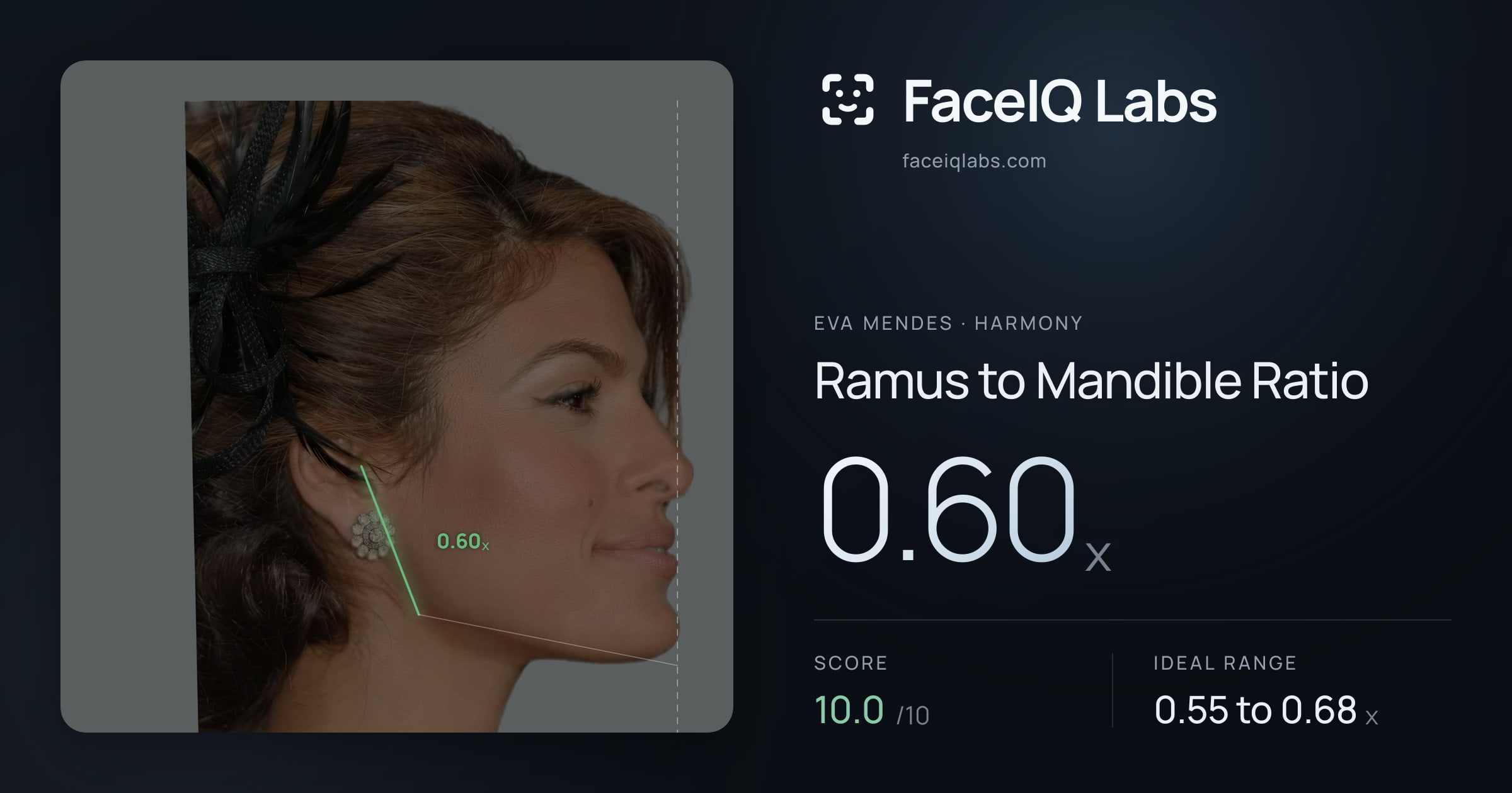 Eva Mendes Ramus to Mandible Ratio: 0.60x, drawn on the photo