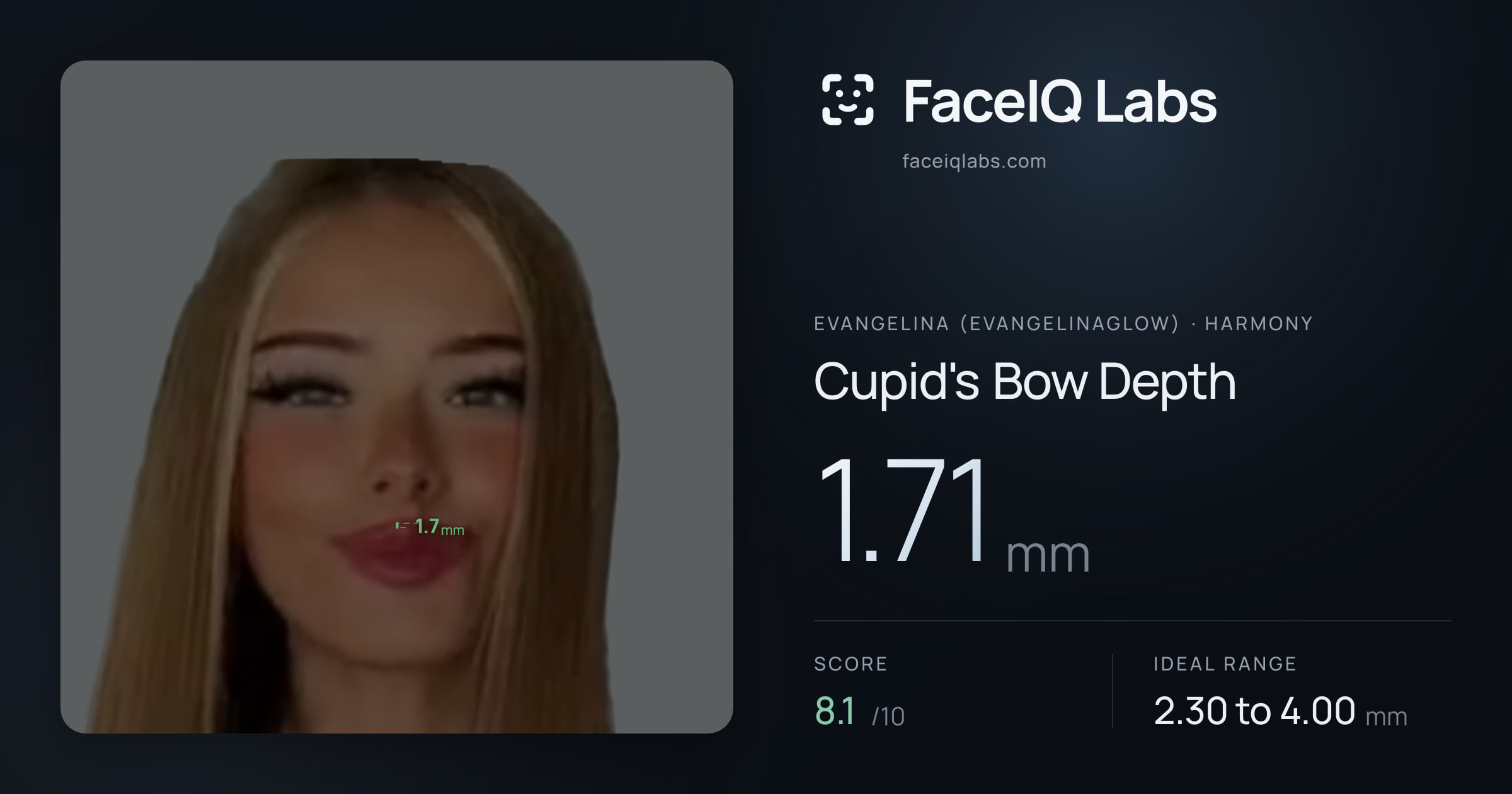 Evangelina (Evangelinaglow) Cupid's Bow Depth: 1.71mm, drawn on the photo