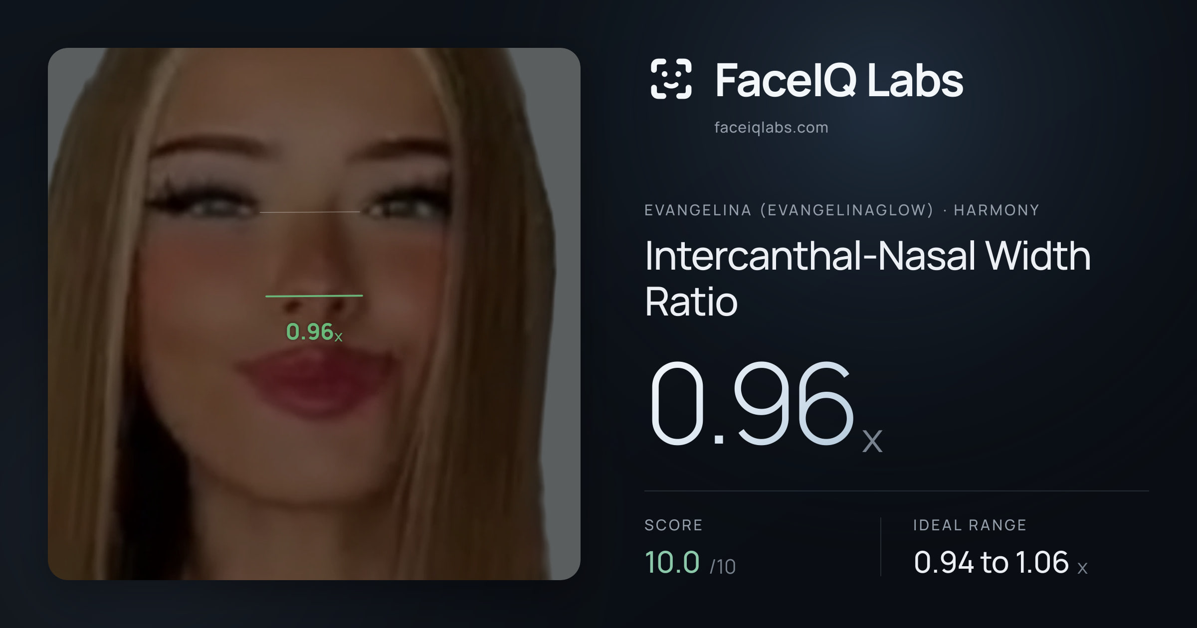 Evangelina (Evangelinaglow) Intercanthal-Nasal Width Ratio: 0.96x, drawn on the photo