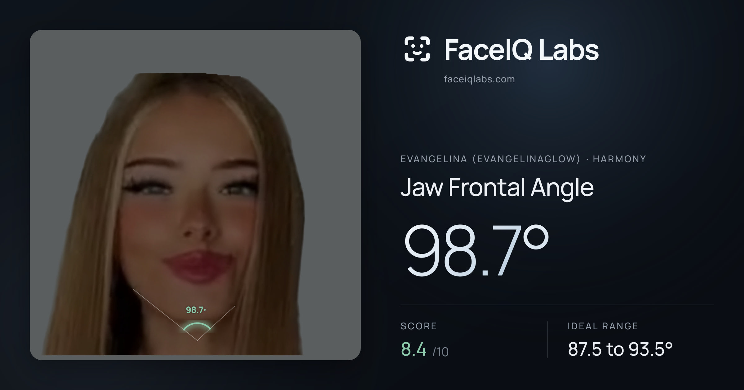 Evangelina (Evangelinaglow) Jaw Frontal Angle: 98.7°, drawn on the photo