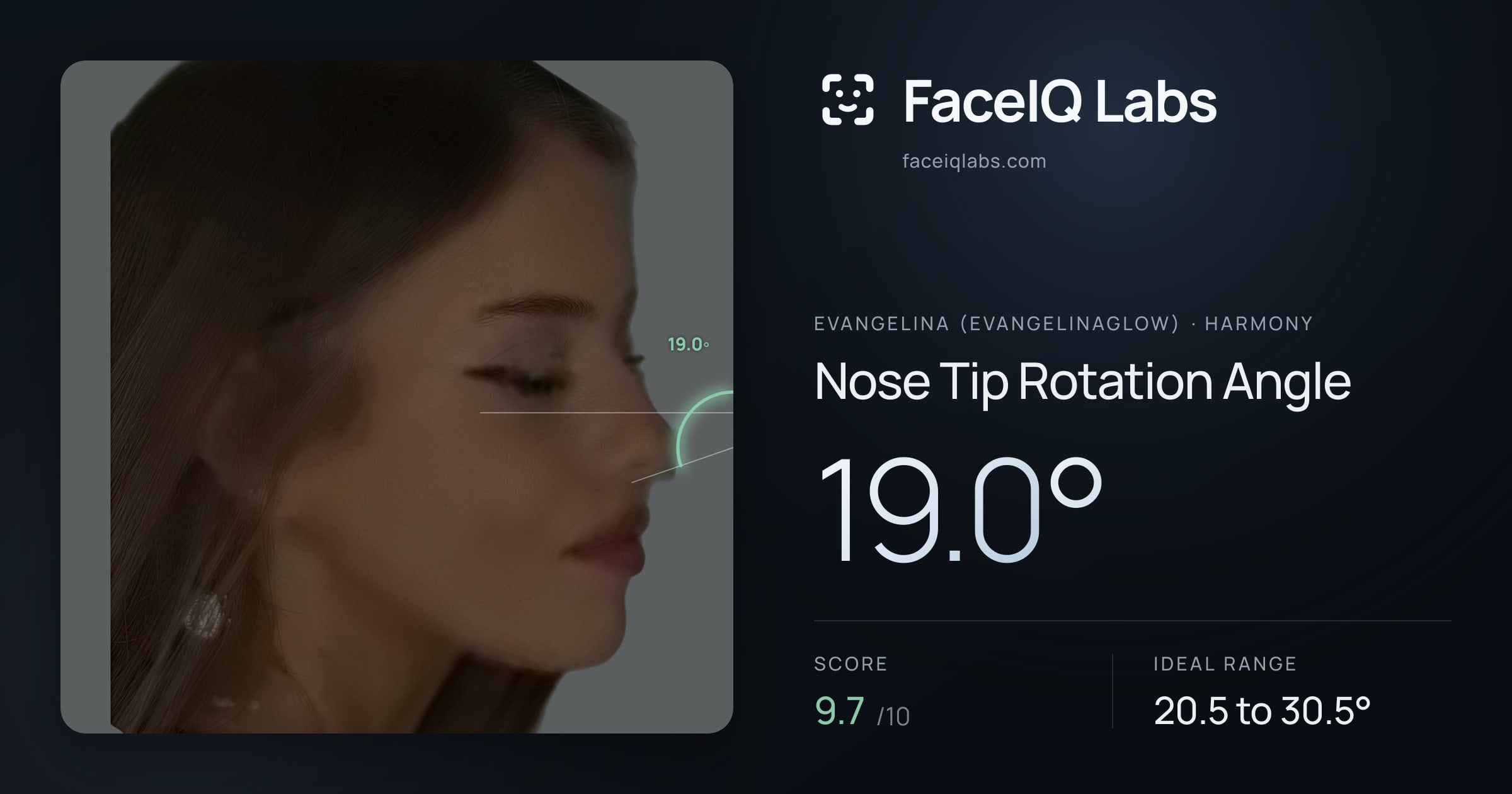 Evangelina (Evangelinaglow) Nose Tip Rotation Angle: 19.0°, drawn on the photo