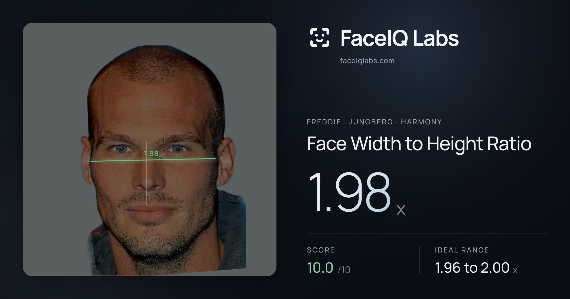 Freddie Ljungberg Face Width to Height Ratio: 1.98x, drawn on the photo