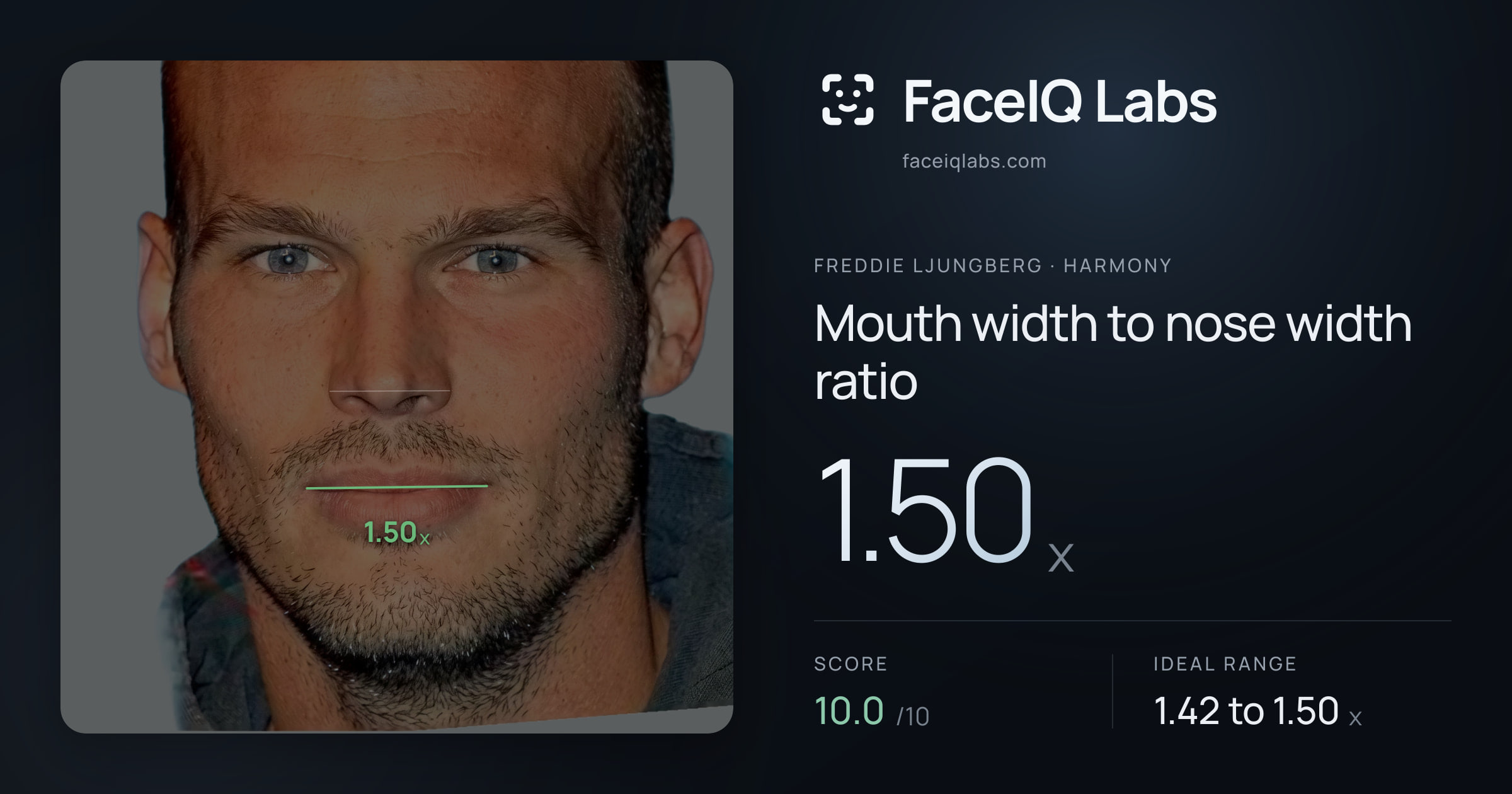 Freddie Ljungberg Mouth width to nose width ratio: 1.50x, drawn on the photo