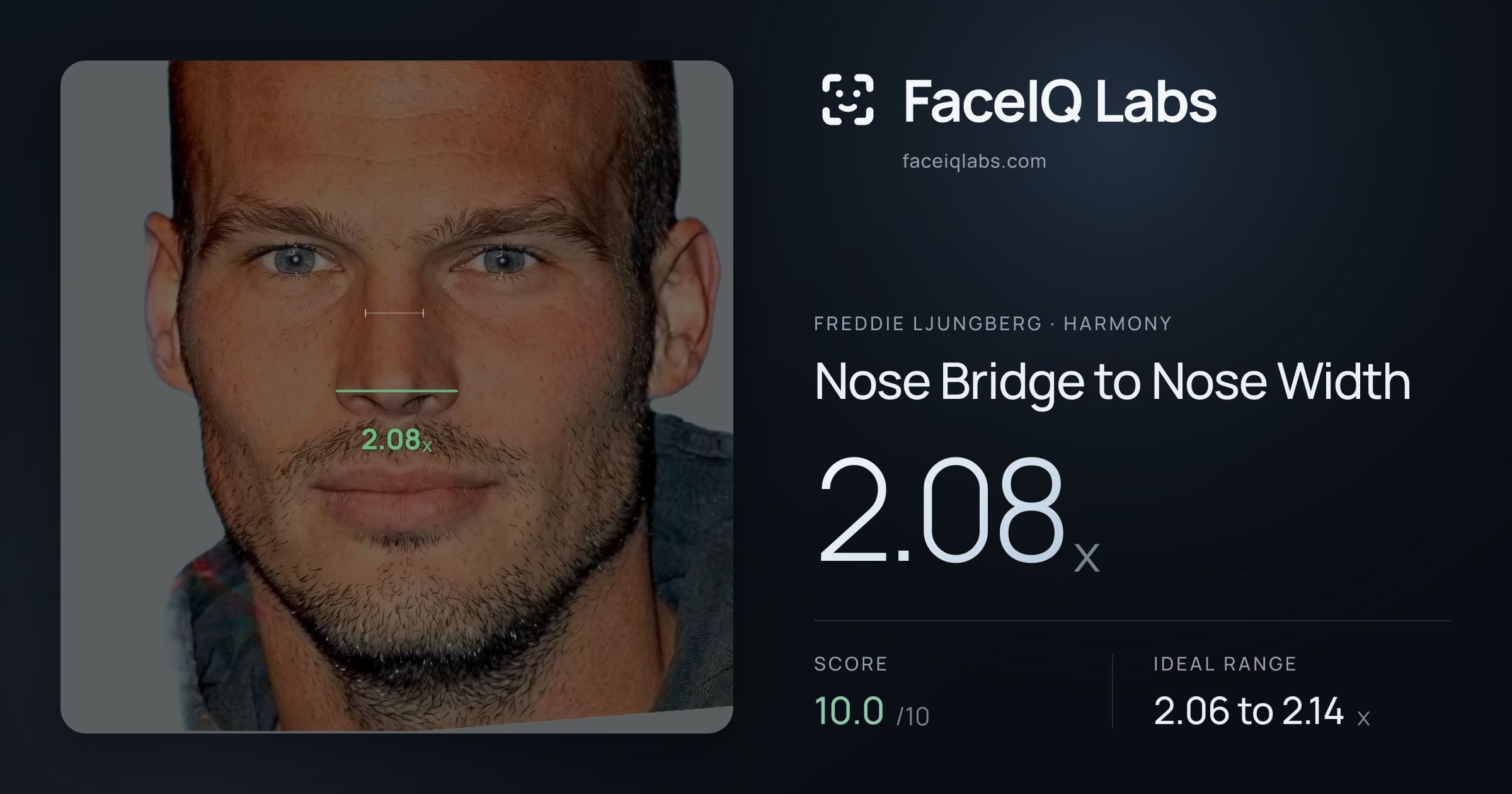Freddie Ljungberg Nose Bridge to Nose Width: 2.08x, drawn on the photo