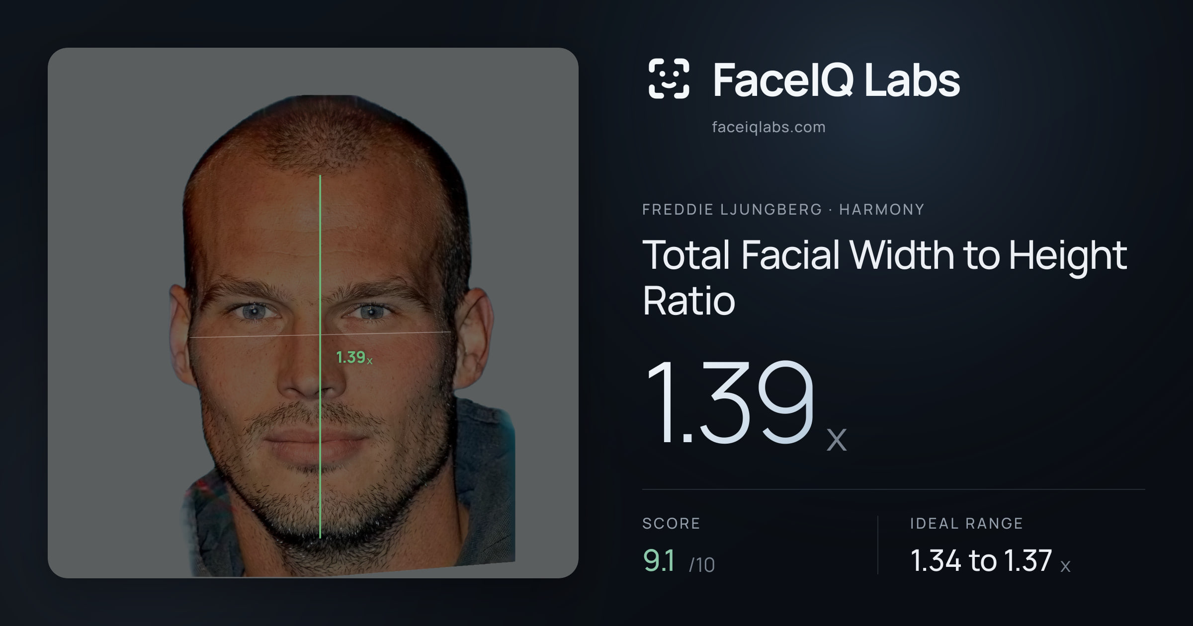 Freddie Ljungberg Total Facial Width to Height Ratio: 1.39x, drawn on the photo