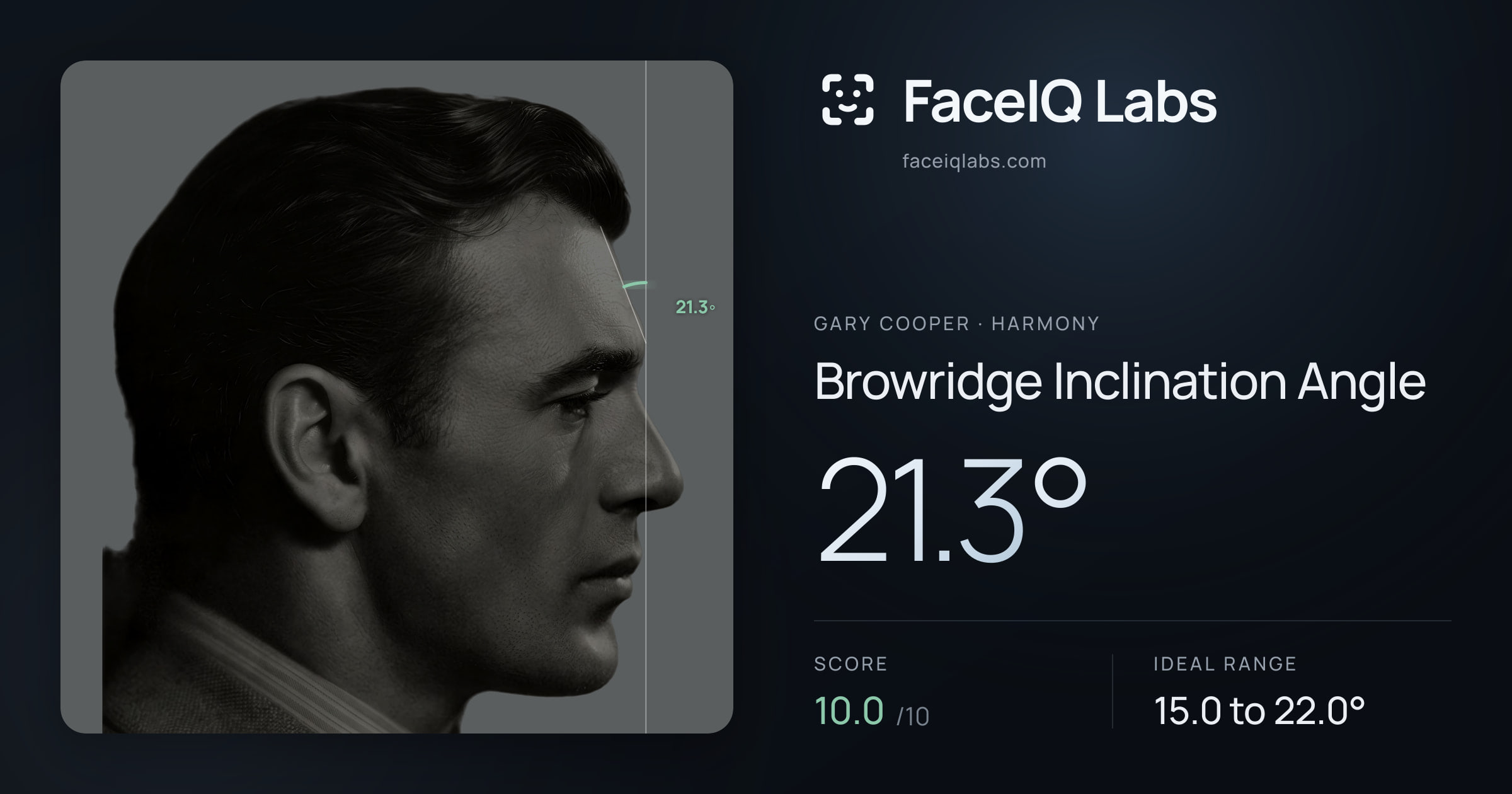 Gary Cooper Browridge Inclination Angle: 21.3°, drawn on the photo
