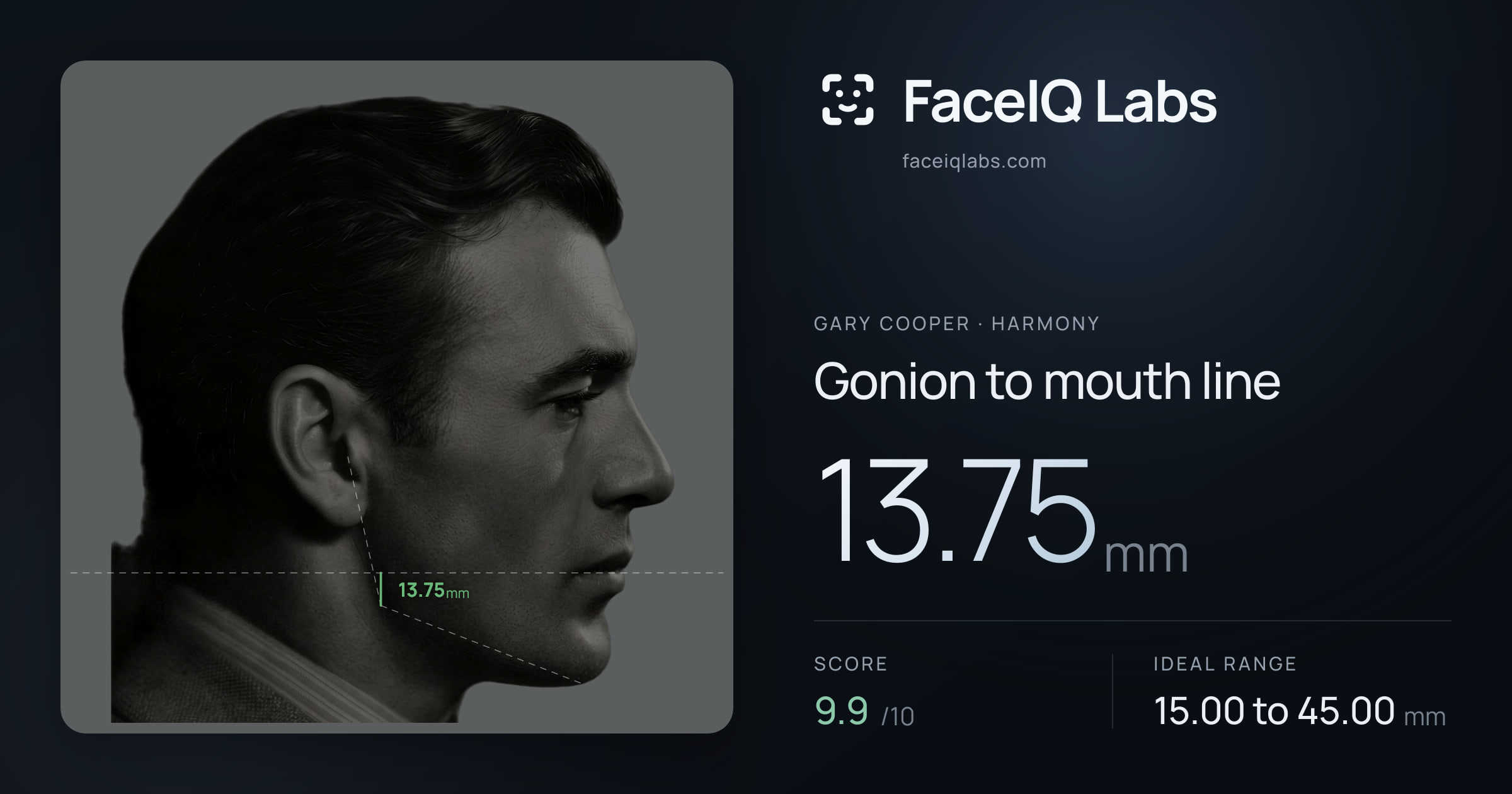 Gary Cooper Gonion to mouth line: 13.75mm, drawn on the photo