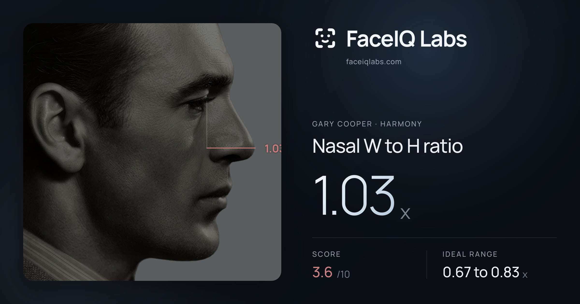 Gary Cooper Nasal W to H ratio: 1.03x, drawn on the photo