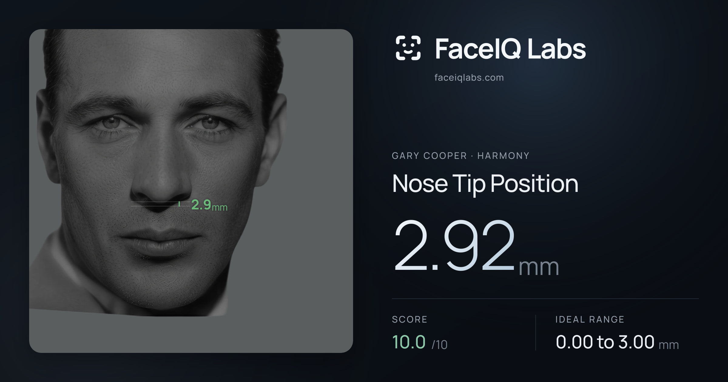 Gary Cooper Nose Tip Position: 2.92mm, drawn on the photo