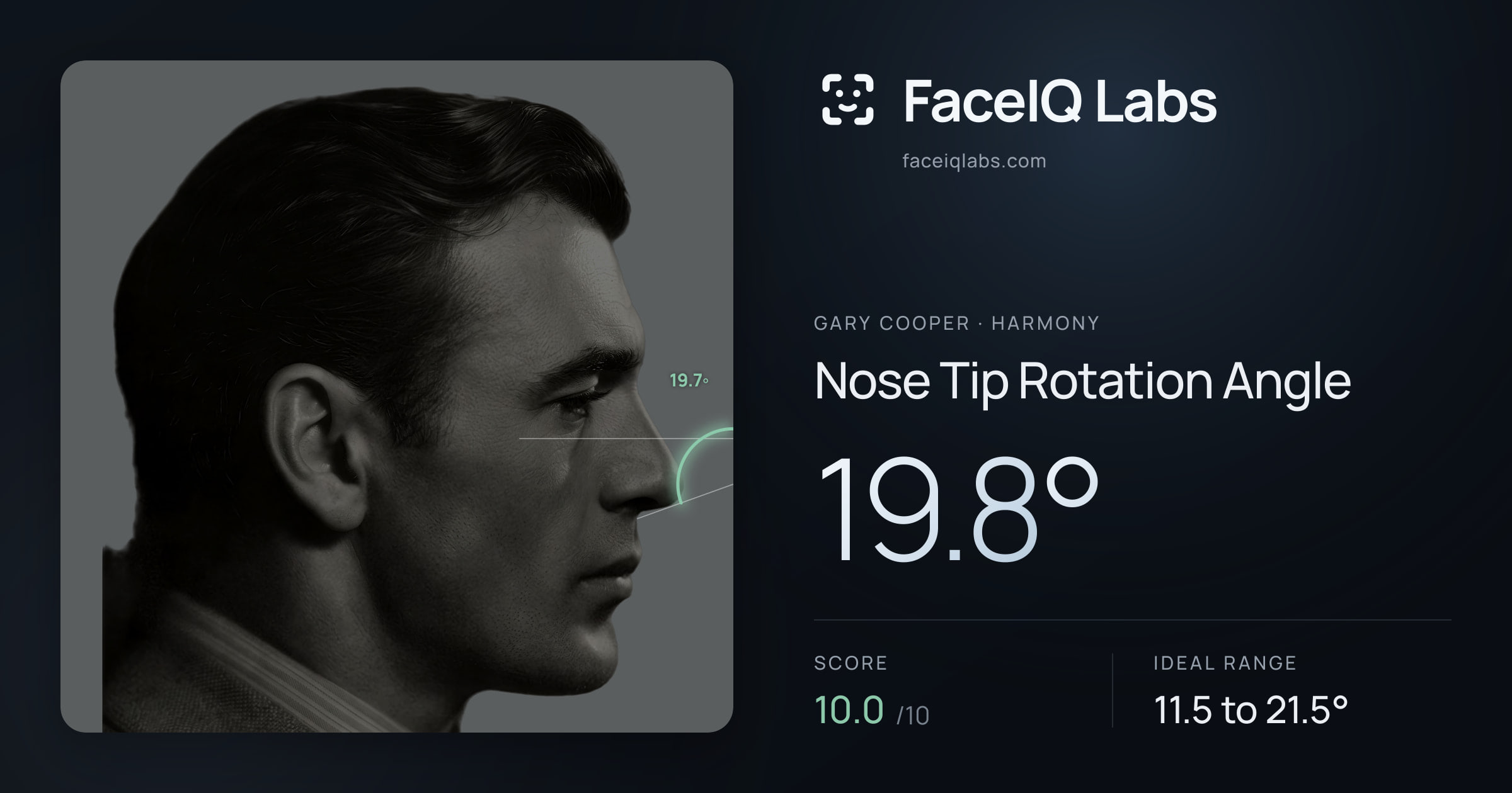 Gary Cooper Nose Tip Rotation Angle: 19.8°, drawn on the photo