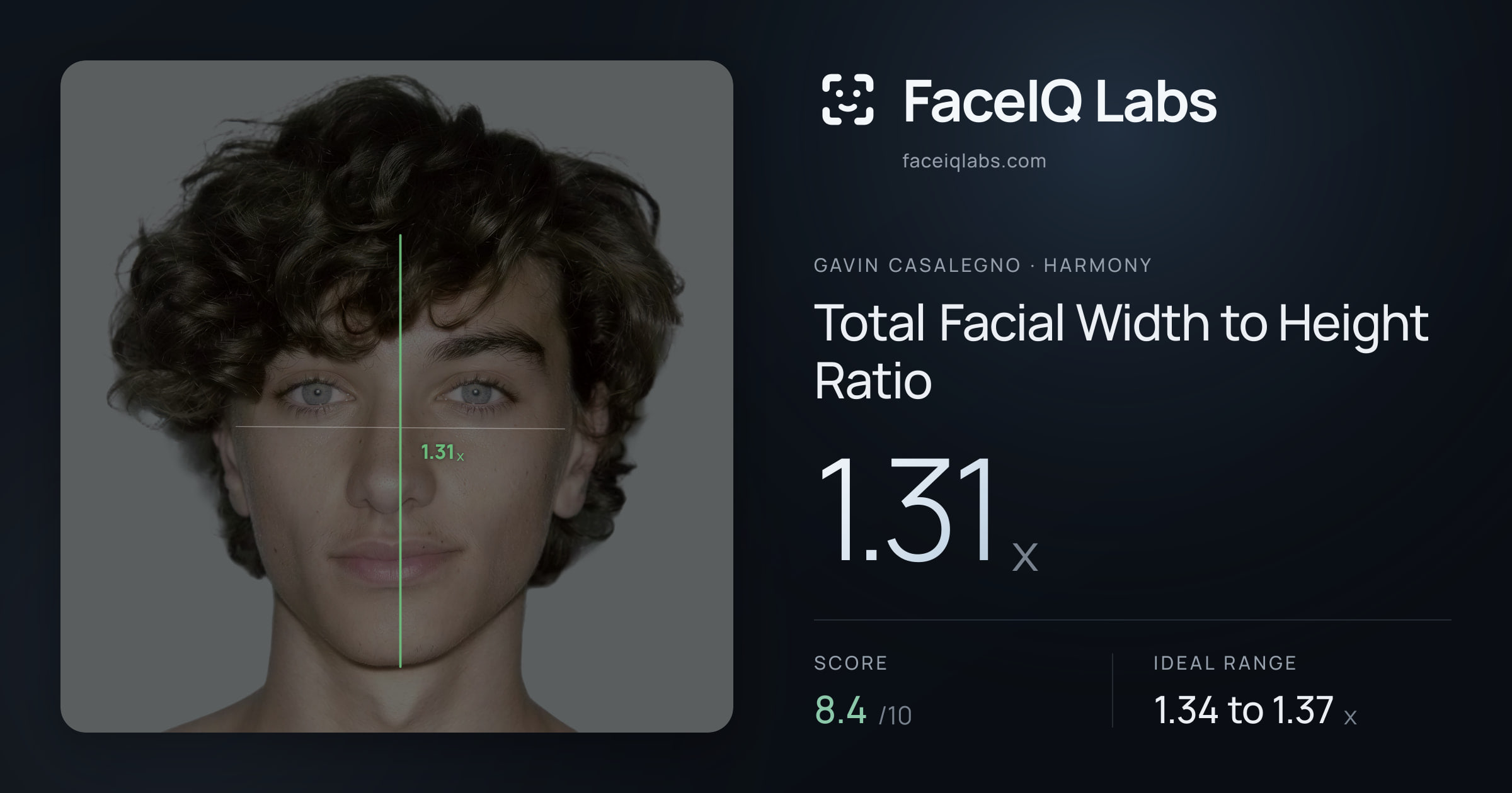 Gavin Casalegno Total Facial Width to Height Ratio: 1.31x, drawn on the photo