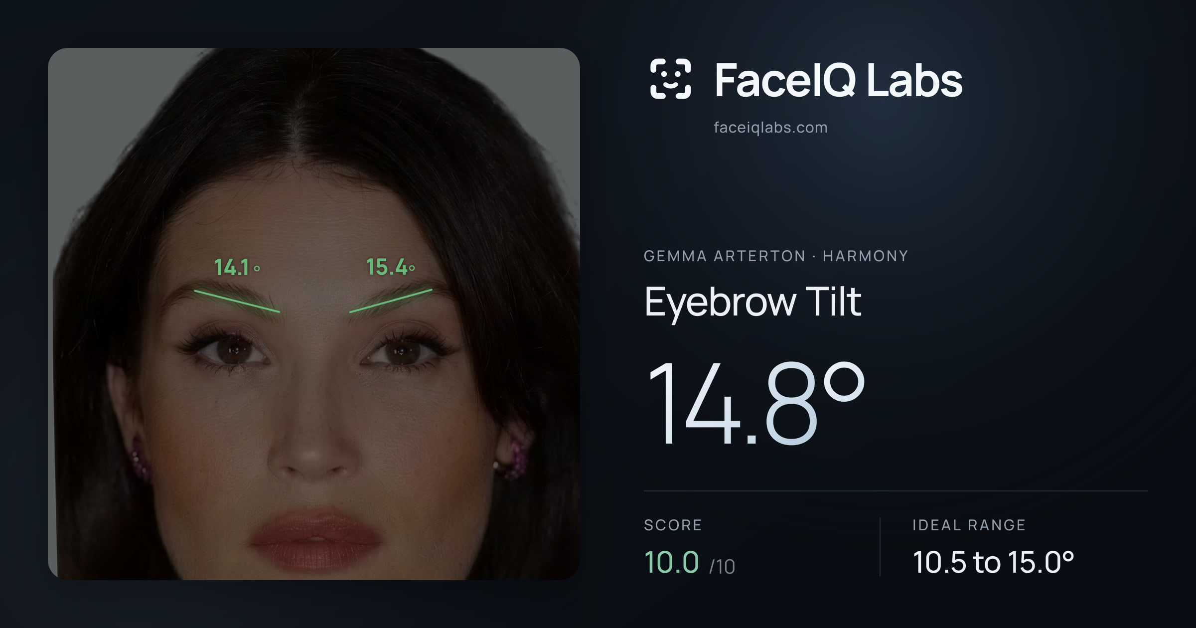 Gemma Arterton Eyebrow Tilt: 14.8°, drawn on the photo
