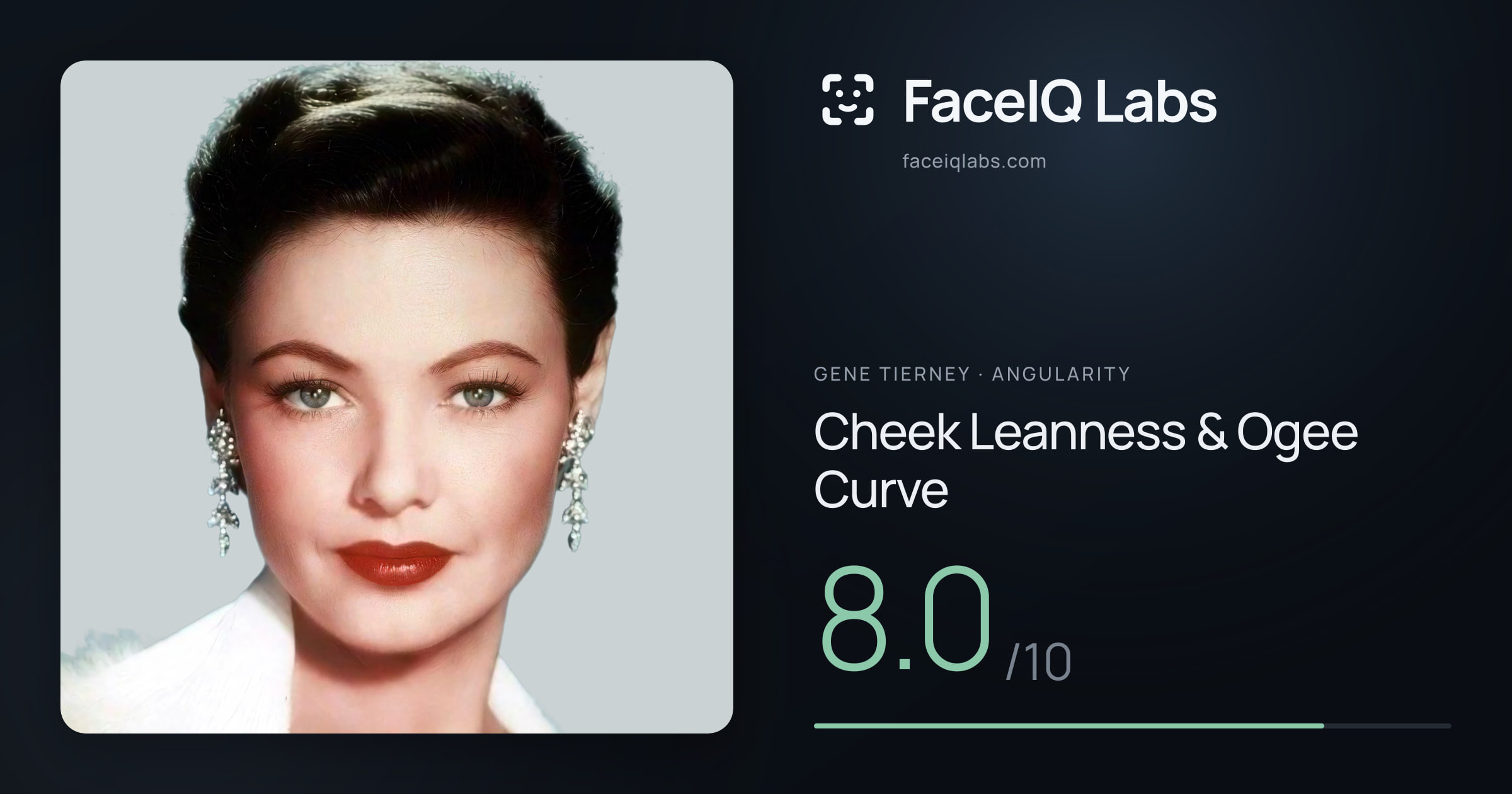 Gene Tierney Cheek Leanness & Ogee Curve: 8.0/10, drawn on the photo
