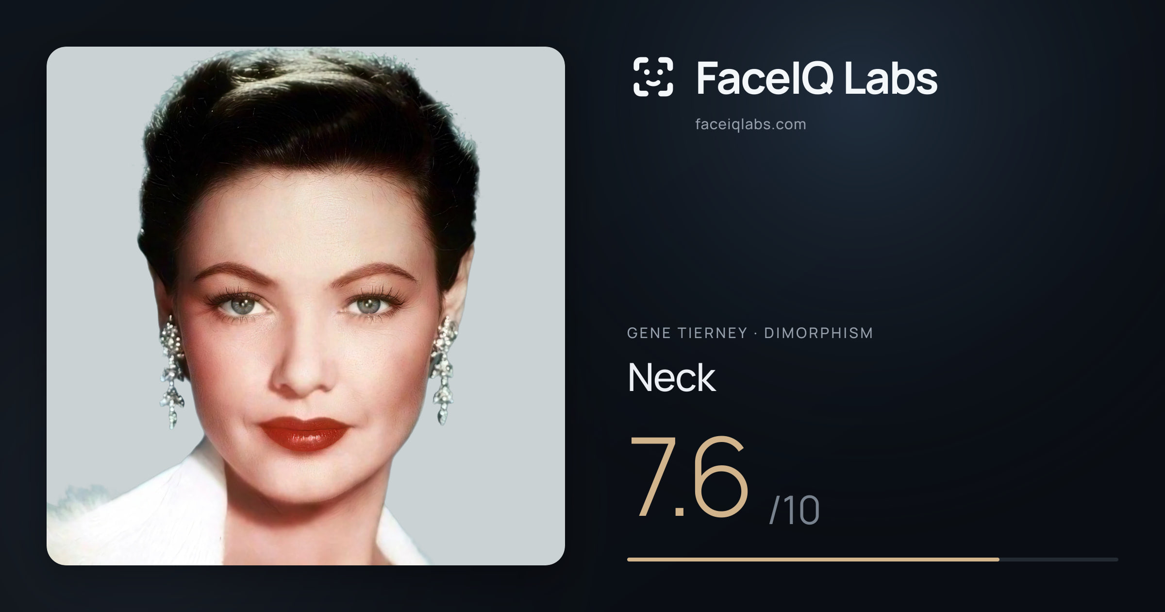 Gene Tierney Neck: 7.6/10, drawn on the photo