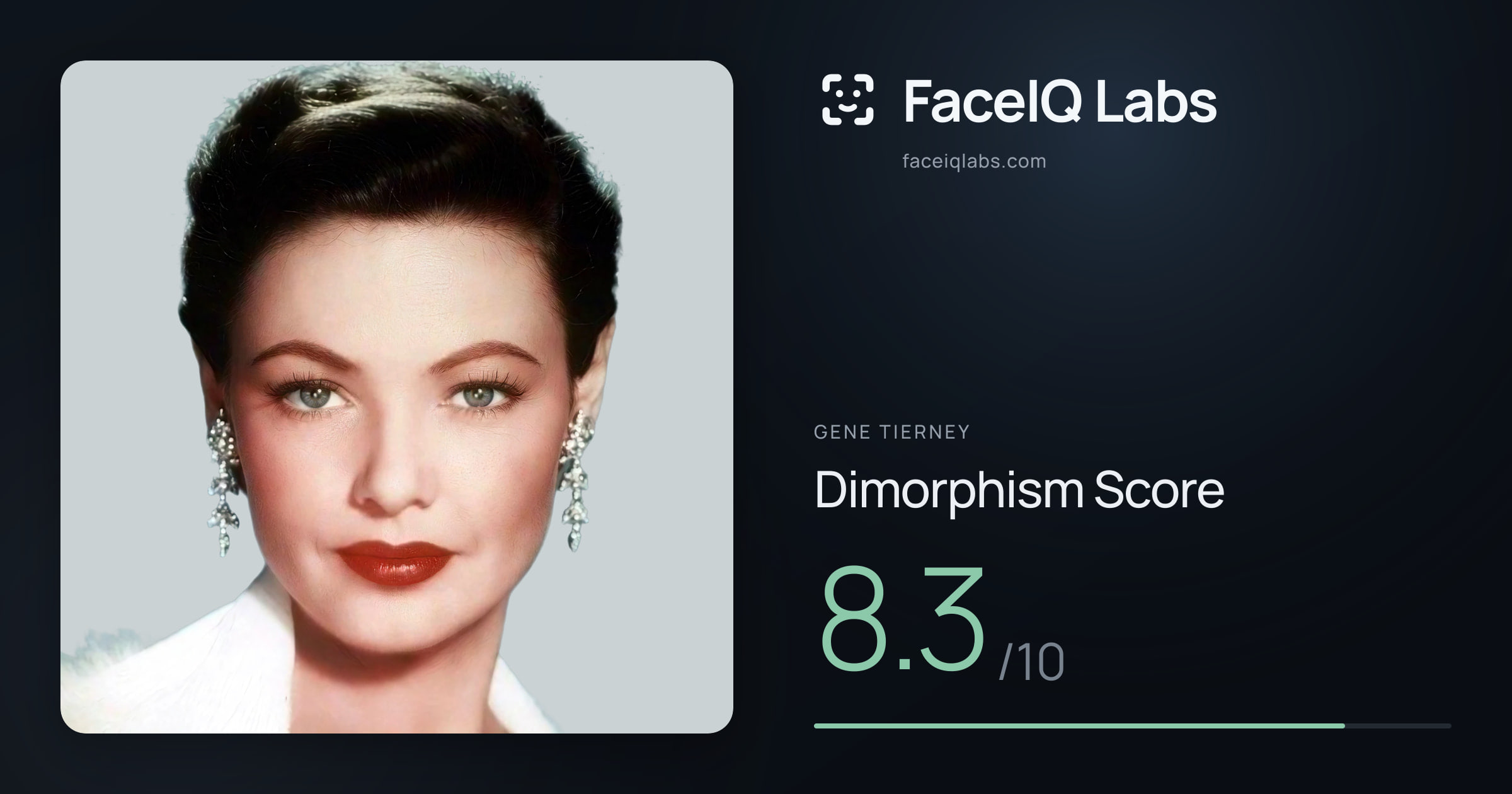 Gene Tierney Dimorphism: 8.3/10, with each assessment drawn on the photo