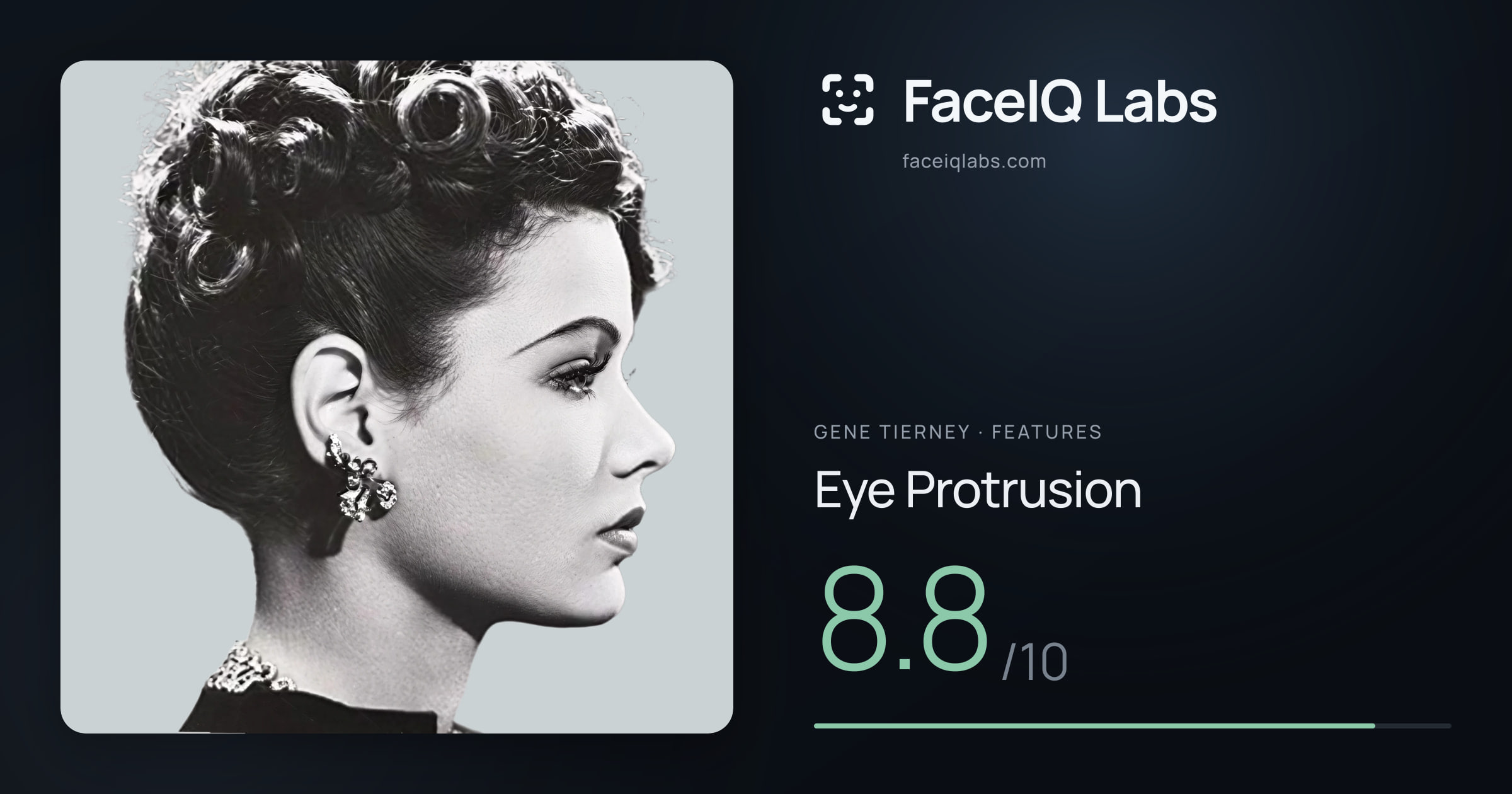 Gene Tierney Eye Protrusion: 8.8/10, drawn on the photo
